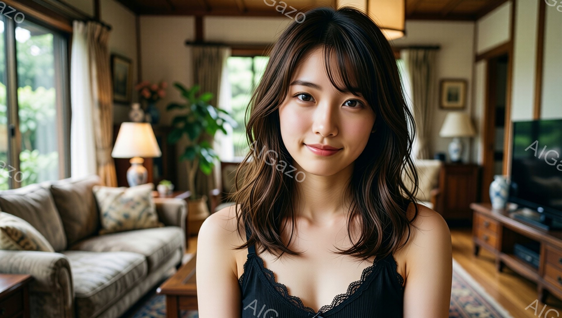 長い茶色の髪をした若い女性が正面を見つめています。黒いレースのキャミソールを着ており、表情は穏やかで微笑んでいます。背景には、ベージュのソファと木製のキャビネット、窓から見える緑の植物が見え、明るく暖 - AI生成フリー素材