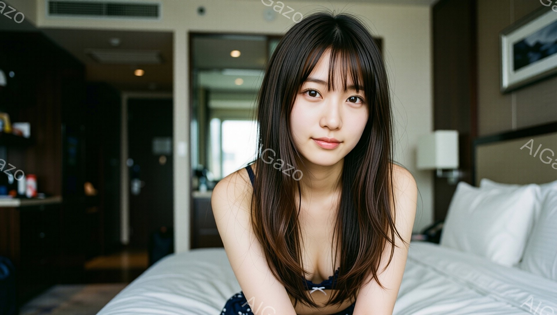 長いダークブラウンの髪を持つ若い女性がベッドに横たわっています。彼女は深いVネックのネイビーのキャミソールを着ており、リラックスした表情でカメラを見ています。背景には、窓、ベッドサイドテーブル、そしてモダンな内装のホテルの一室が見えます。