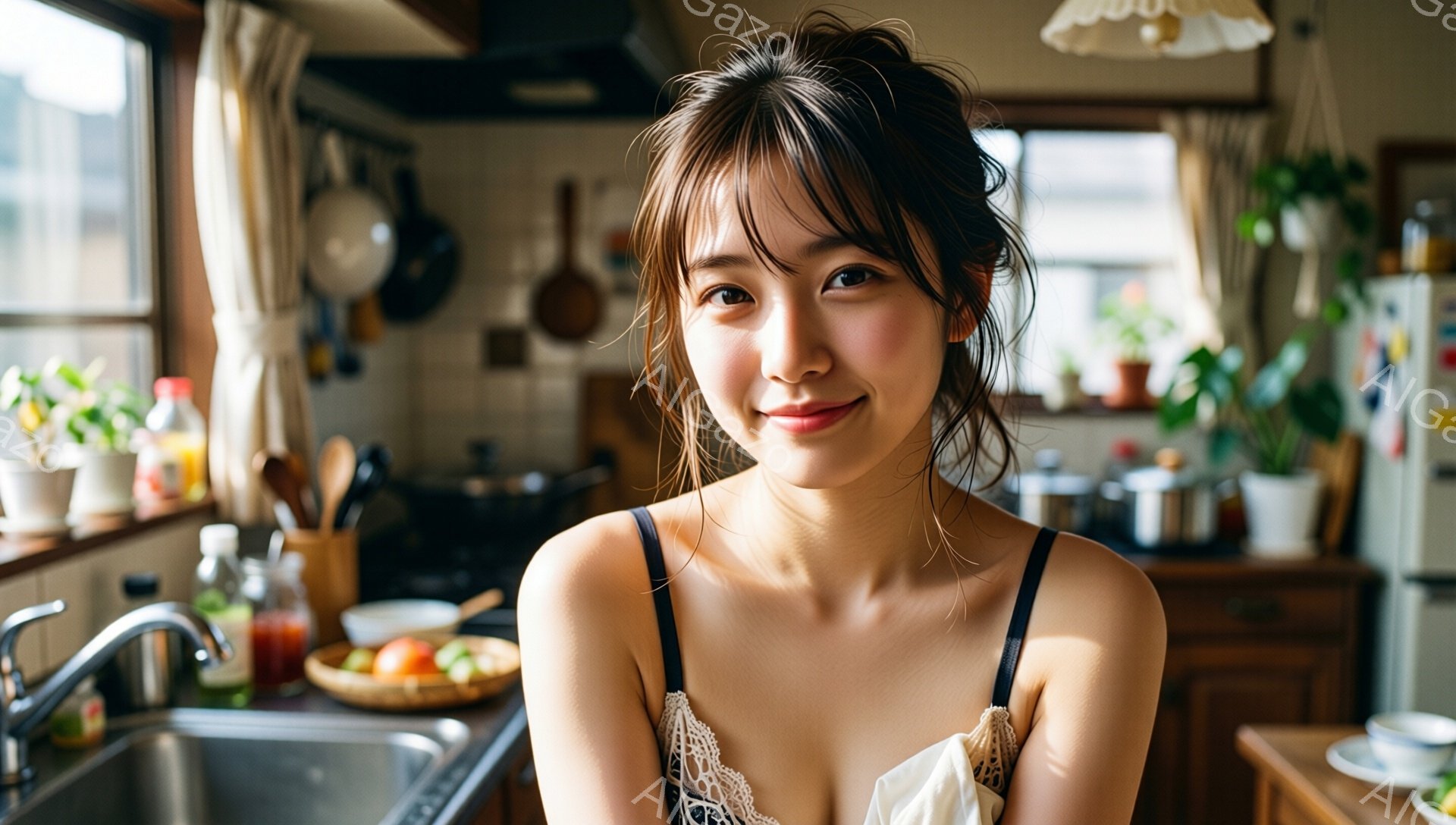 茶髪の女性がキッチンで微笑んでいます。彼女は白いキャミソールを着ており、髪はゆるくまとめられています。背景には調理器具や植物が置かれたキッチンがあり、明るく家庭的な雰囲気です。 - AI生成フリー素材