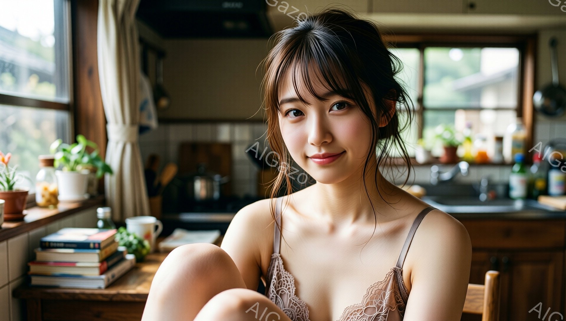 明るいキッチンで、若い女性が椅子に座り、膝を抱えています。彼女はレースのキャミソールを着ており、ダークブラウンの髪は少し無造作にまとめられています。穏やかな笑顔でカメラを見つめ、背景には食器棚や窓から見える緑豊かな自然が広がっています。