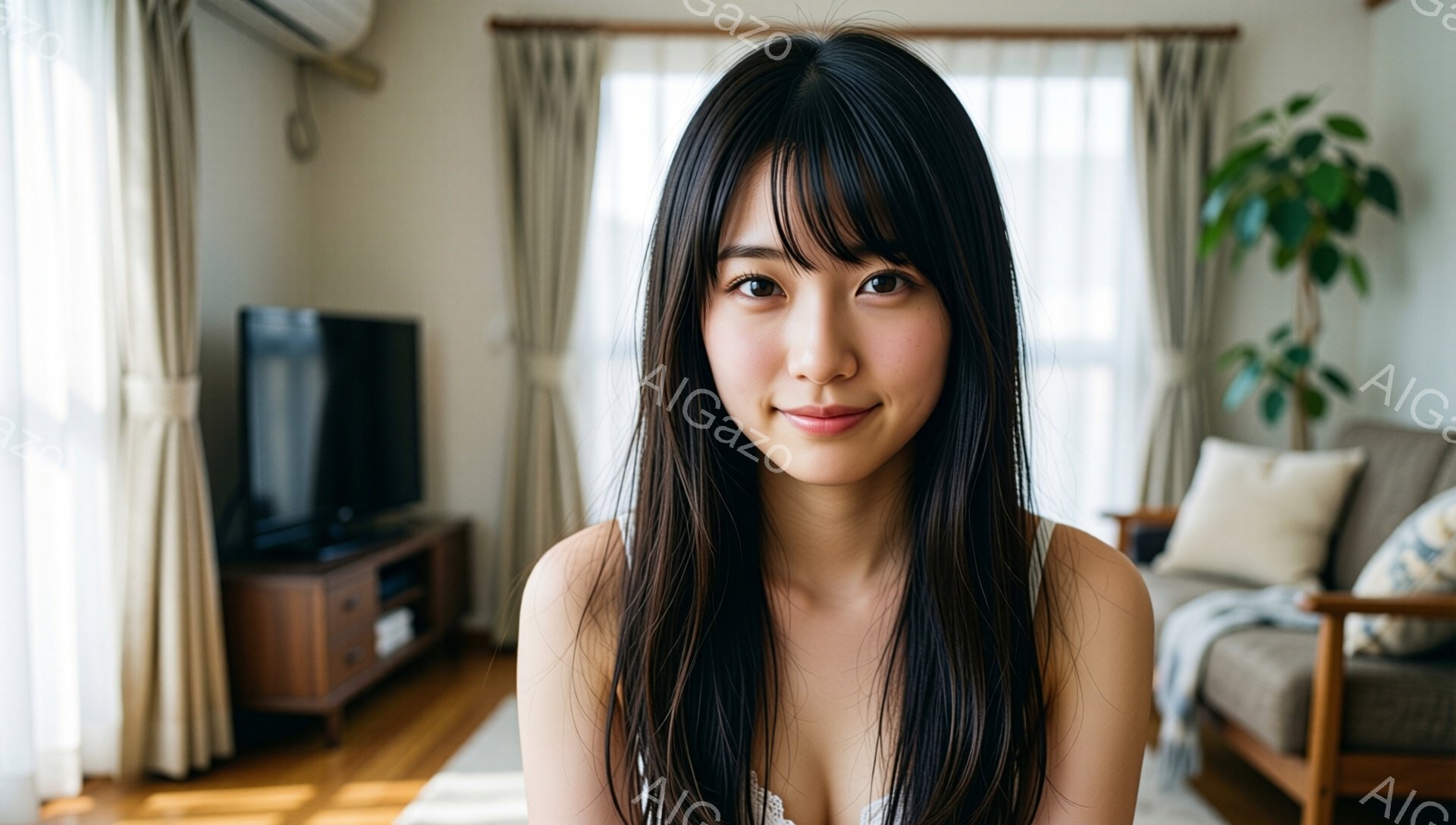 長い黒髪で、前髪が目にかかる女性が写っています。控えめな笑顔で、リラックスした表情をしています。背景にはベージュのカーテン、木製のテレビ台、白いソファがあり、室内で撮影された温かい雰囲気の写真です。