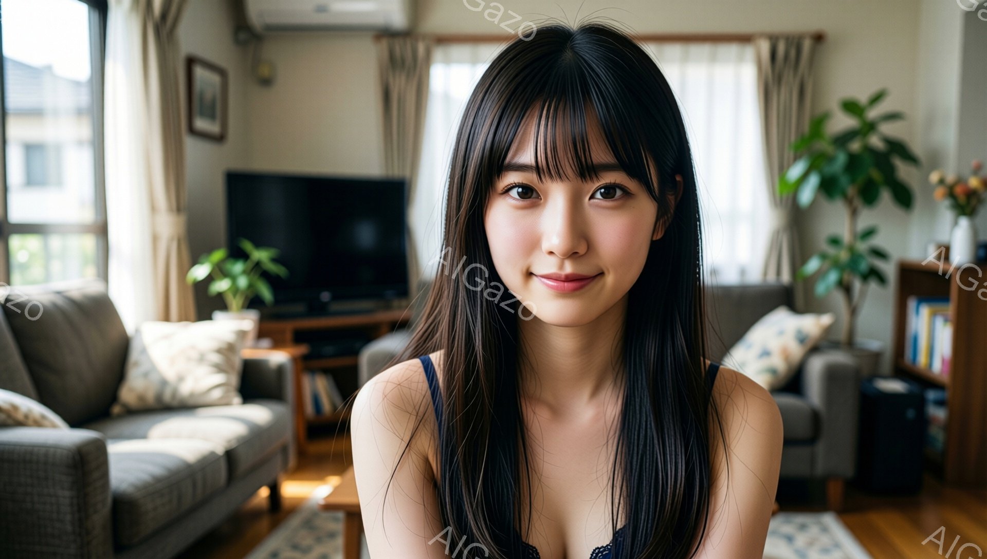 長い黒髪で前髪が眉毛にかかる女性が写っている。彼女は肩出しのトップスを着ており、柔らかい笑顔を浮かべている。背景には、ソファ、テレビ、植物などがあり、明るく居心地の良いリビングルームの様子が伺える。