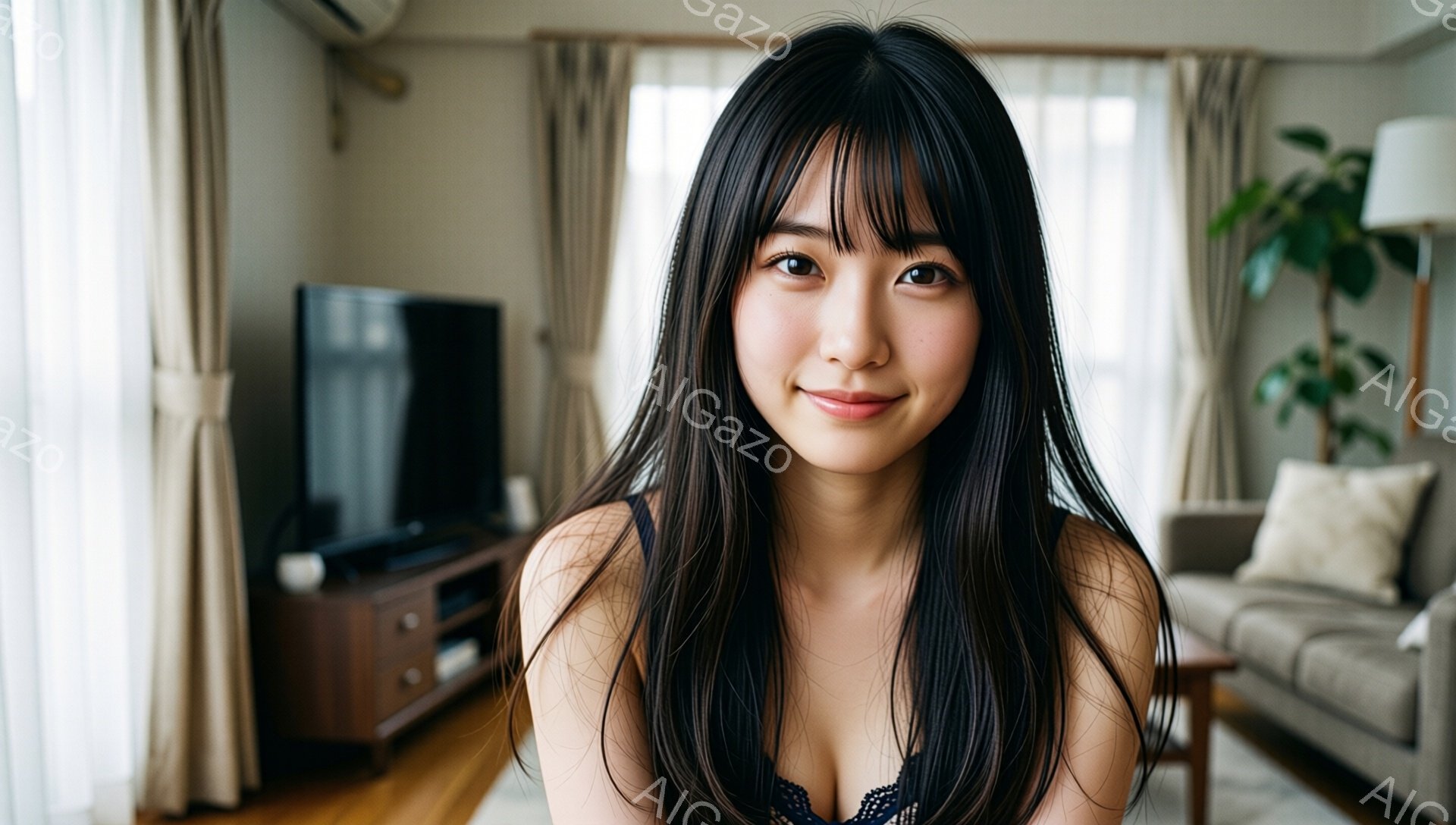 長い黒髪で、前髪が眉毛にかかるようにカットされた女性が写っています。彼女は明るい笑顔を見せ、白いストラップのトップスを着用しています。背景には、テレビ、ソファ、観葉植物などがあるリビングルームが見え、 - AI生成フリー素材