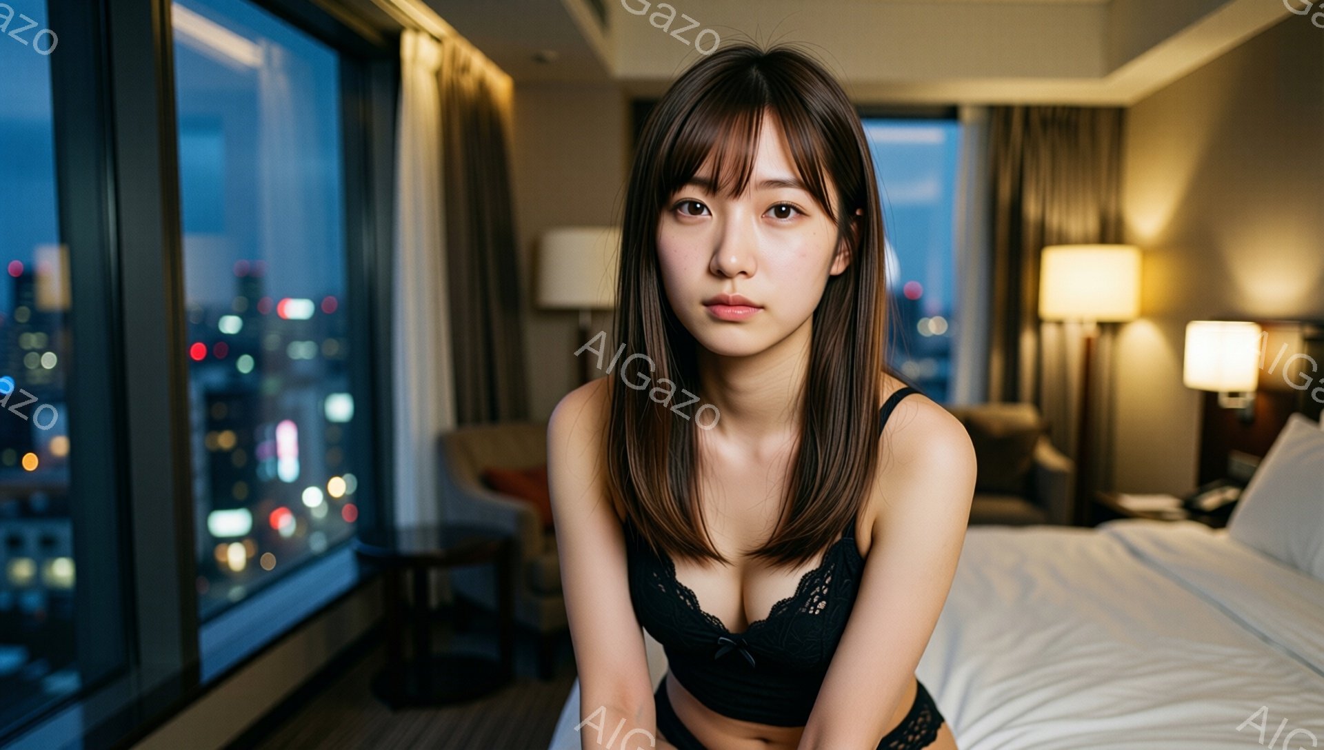 長い茶色の髪を肩にかける女性が、黒いレースのブラとショーツを身につけてベッドに座っています。彼女はカメラを見つめ、やや物憂げな表情をしています。窓の外には夜景が広がり、室内は暖色系の照明で照らされてい - AI生成フリー素材