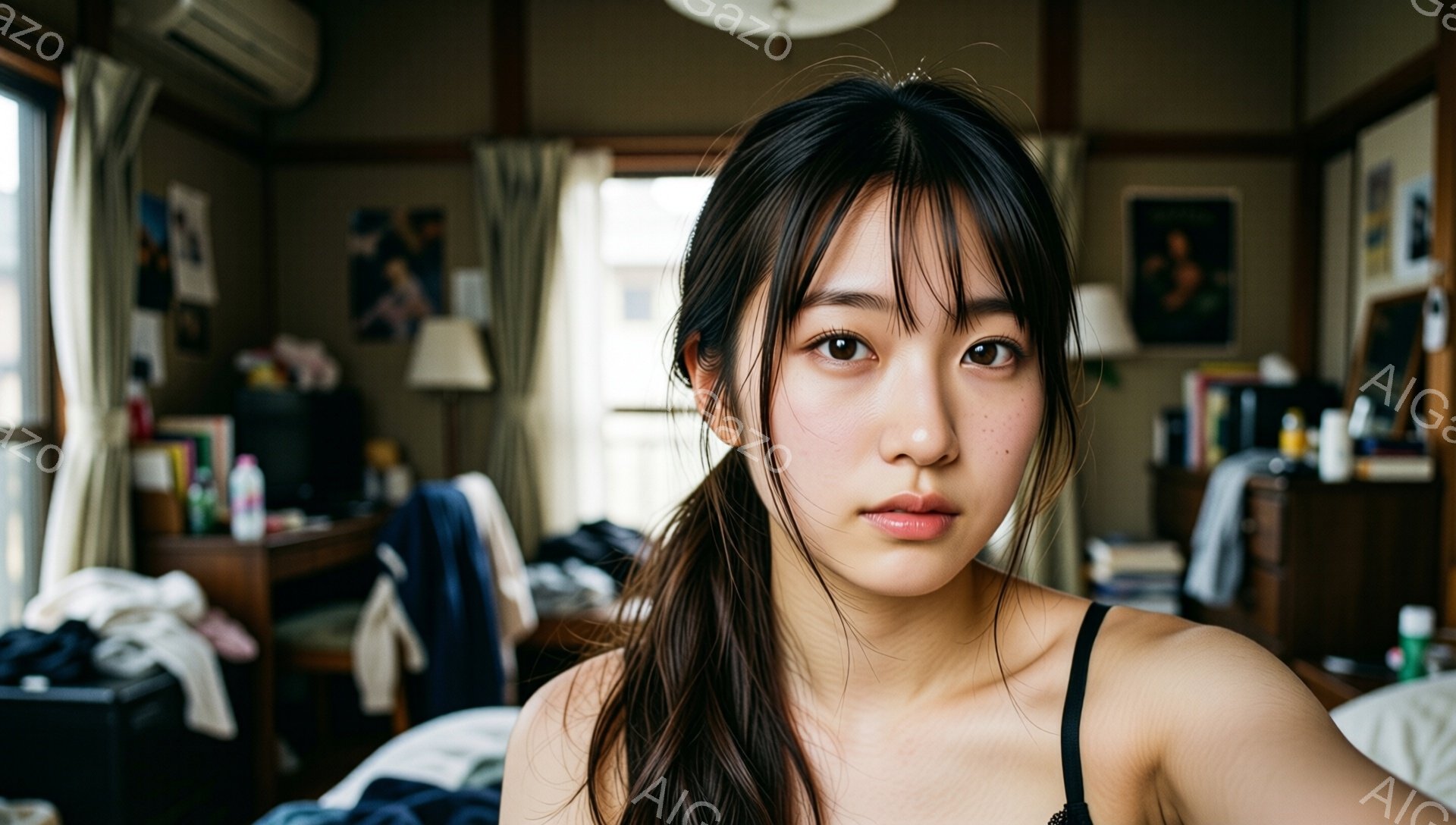 長い黒髪を無造作に後ろで束ねた若い女性が、ベッドの中でこちらを見つめています。彼女はキャミソールのようなものを着用し、口元は少し閉じられ、穏やかでやや憂いを帯びた表情をしています。背景には散らかったベッドや家具、壁に飾られた絵などが写り、生活感のある寝室の様子が伺えます。