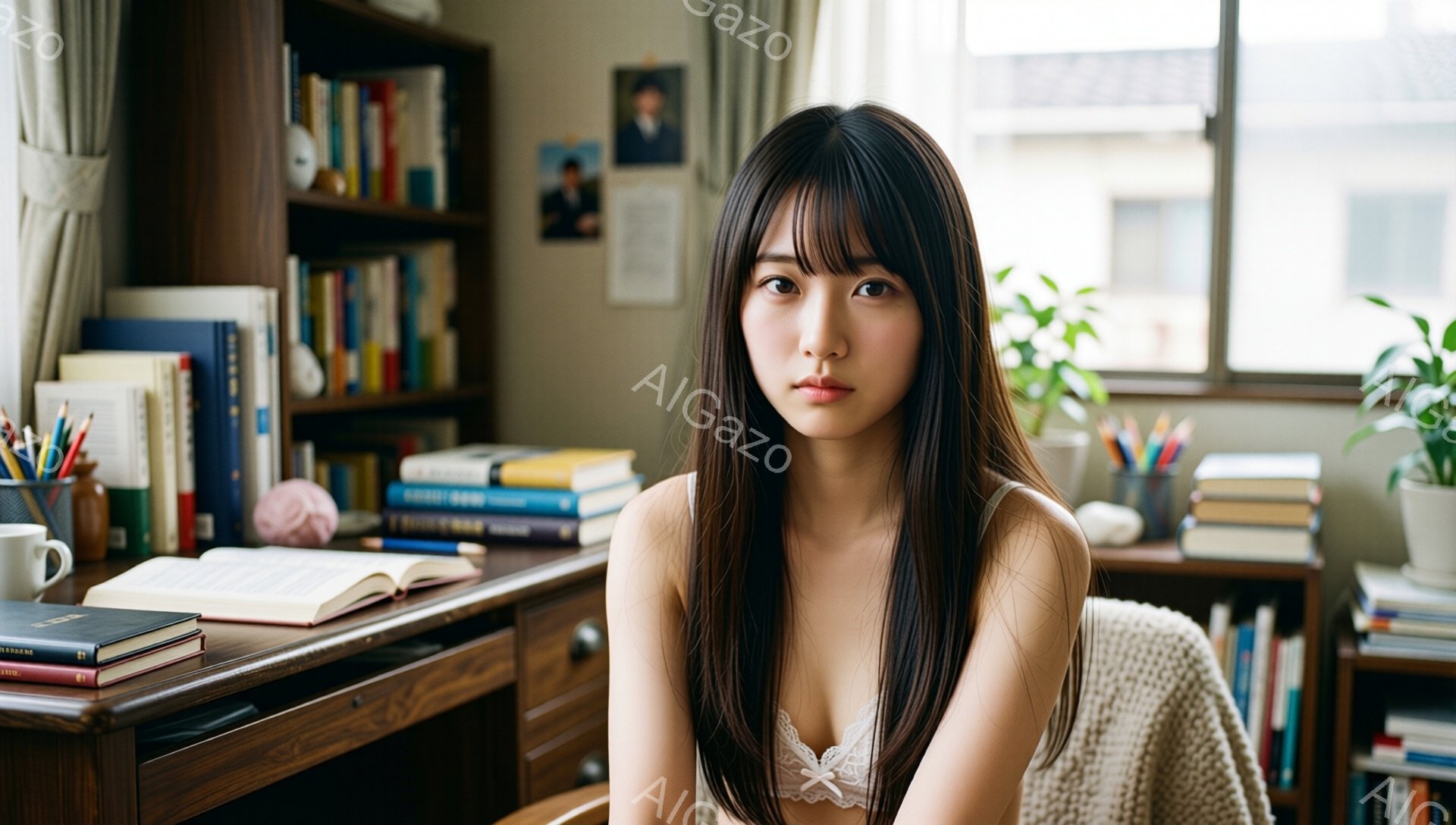 長い黒髪で、前髪は目の上まで伸びています。白いレースのブラレットを着ており、薄いピンク色の毛布に身を包んでいます。背景には本棚や机があり、学習室のような雰囲気で、窓からは建物が見えます。