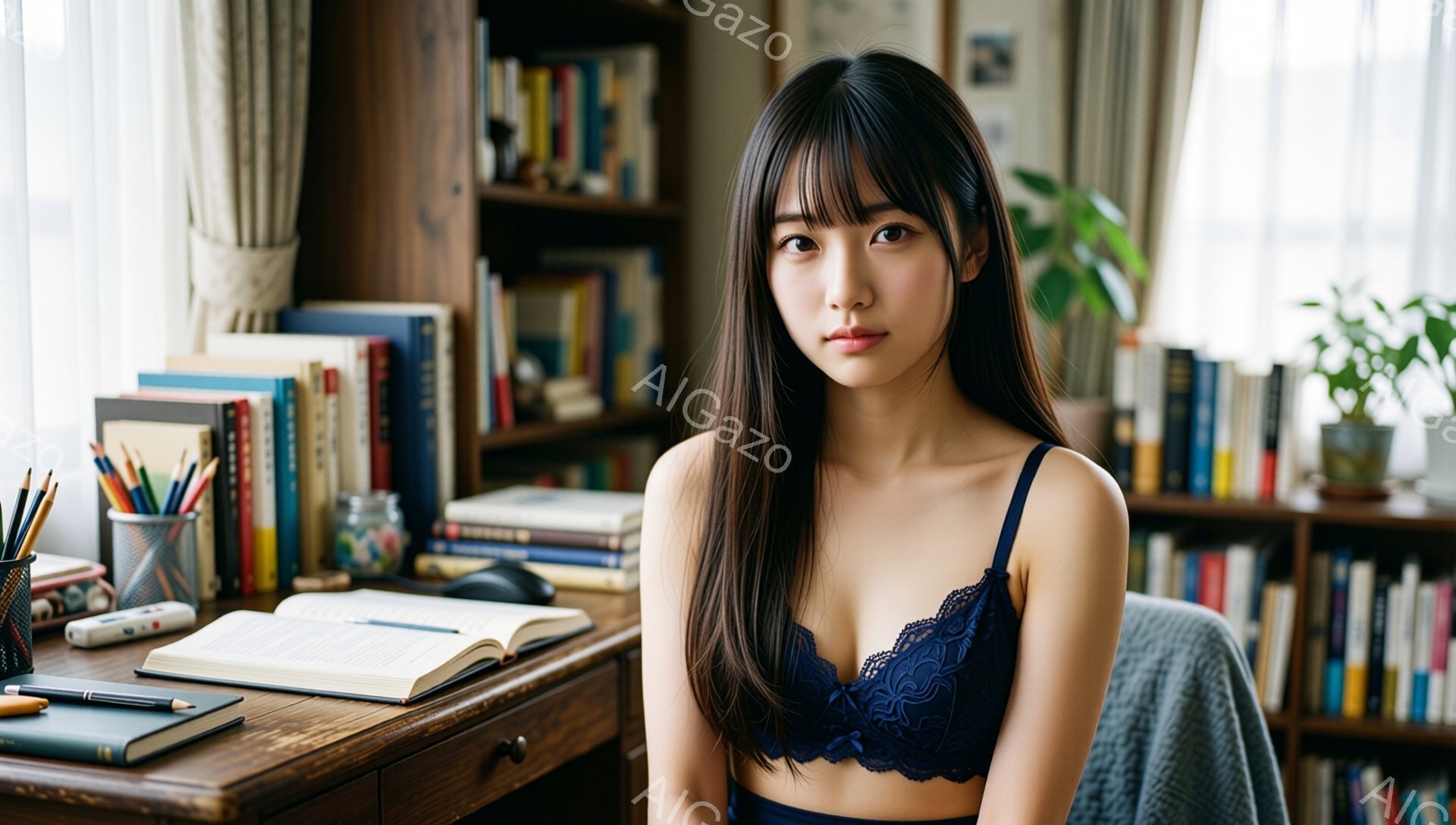 長い黒髪の女性が、レースのブルーのブラレットを着て、少し微笑んだ表情でこちらを見ている。彼女は机の前に座り、開いた本と文房具に囲まれている。背景には本棚が並び、窓から自然光が差し込み、落ち着いた書斎の雰囲気を作り出している。