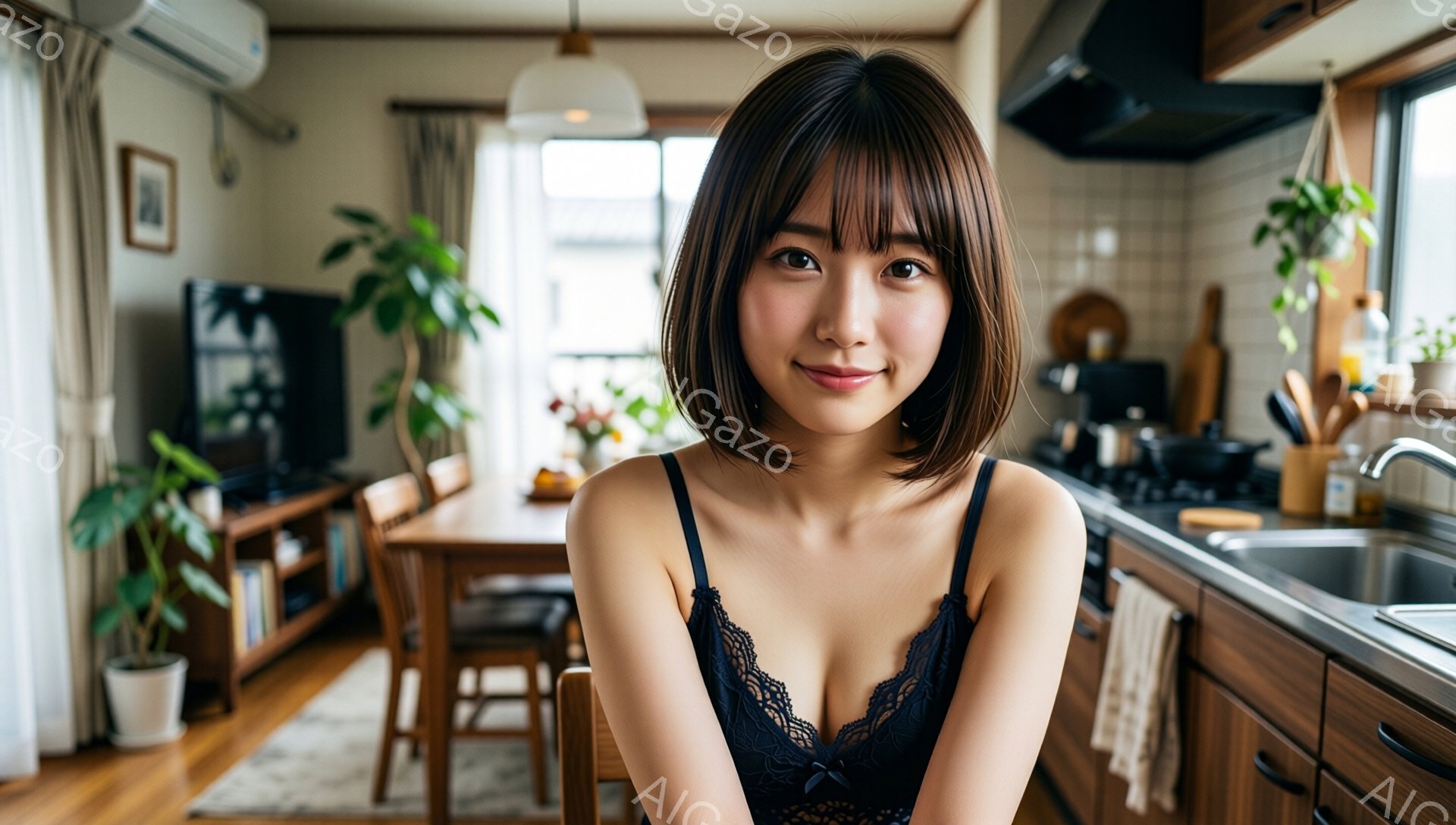 茶髪のショートヘアで、前髪が目の上まである女性が写っています。黒いレースのキャミソールを着ており、少し微笑んでいる表情でカメラを見ています。背景はキッチンとダイニングスペースで、木製の家具や観葉植物が - AI生成フリー素材