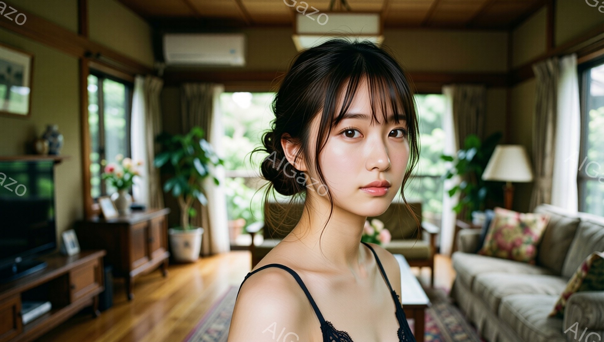 茶髪の女性が、前髪を少し分けて後ろで髪をまとめている。白いキャミソールを着ており、少し微笑んだ表情で正面を見ている。背景は、木製の家具や観葉植物がある明るいリビングルームで、窓からは緑が見え、落ち着いた雰囲気である。