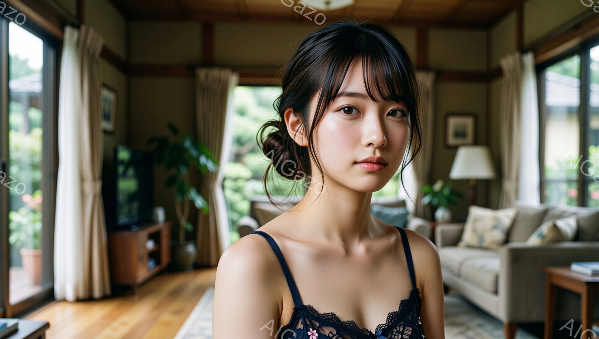 長い黒髪を後ろで緩くまとめ、濃い眉と少し微笑んだ口元が印象的な女性が写っている。黒のレースのキャミソールを着ており、背景は窓から光が差し込むリビングルームで、木製の家具と植物が配置されている。全体的に穏やかでリラックスした雰囲気である。