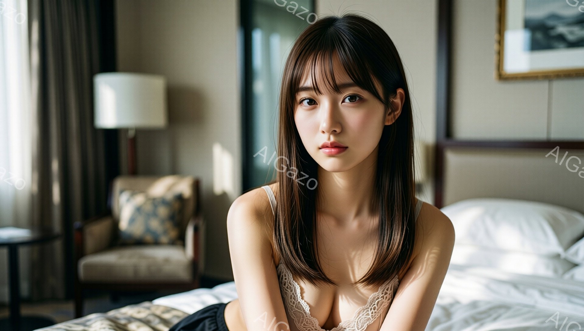 長い茶色の髪をセンターパートにした若い女性が、レースのキャミソールを着てベッドに座っている。彼女は正面をじっと見つめ、控えめな微笑みを浮かべており、落ち着いた雰囲気を醸し出している。背景には、アームチ - AI生成フリー素材