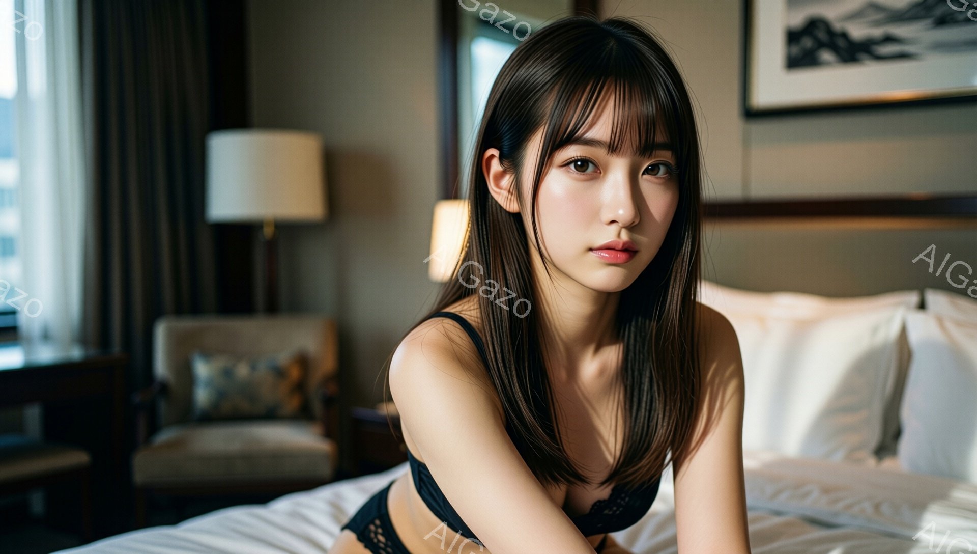 長い黒髪の女性が白いベッドに横たわっています。黒いレースのブラレットのみを着用し、少し微笑んだ表情でカメラを見つめています。背景には、椅子とクッション、そして窓の外にはぼやけた都市の風景が見え、全体的に柔らかく光沢のある雰囲気です。