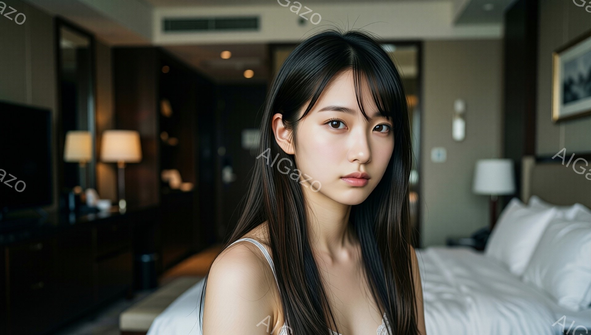長い黒髪をなびかせた若い女性が、白いベッドの上でこちらを見つめています。キャミソールのような肩紐の見えるトップスを着ており、表情は穏やかで少し物憂げです。背景には、間接照明や木製の家具が見え、高級ホテルの一室のような落ち着いた雰囲気が漂っています。