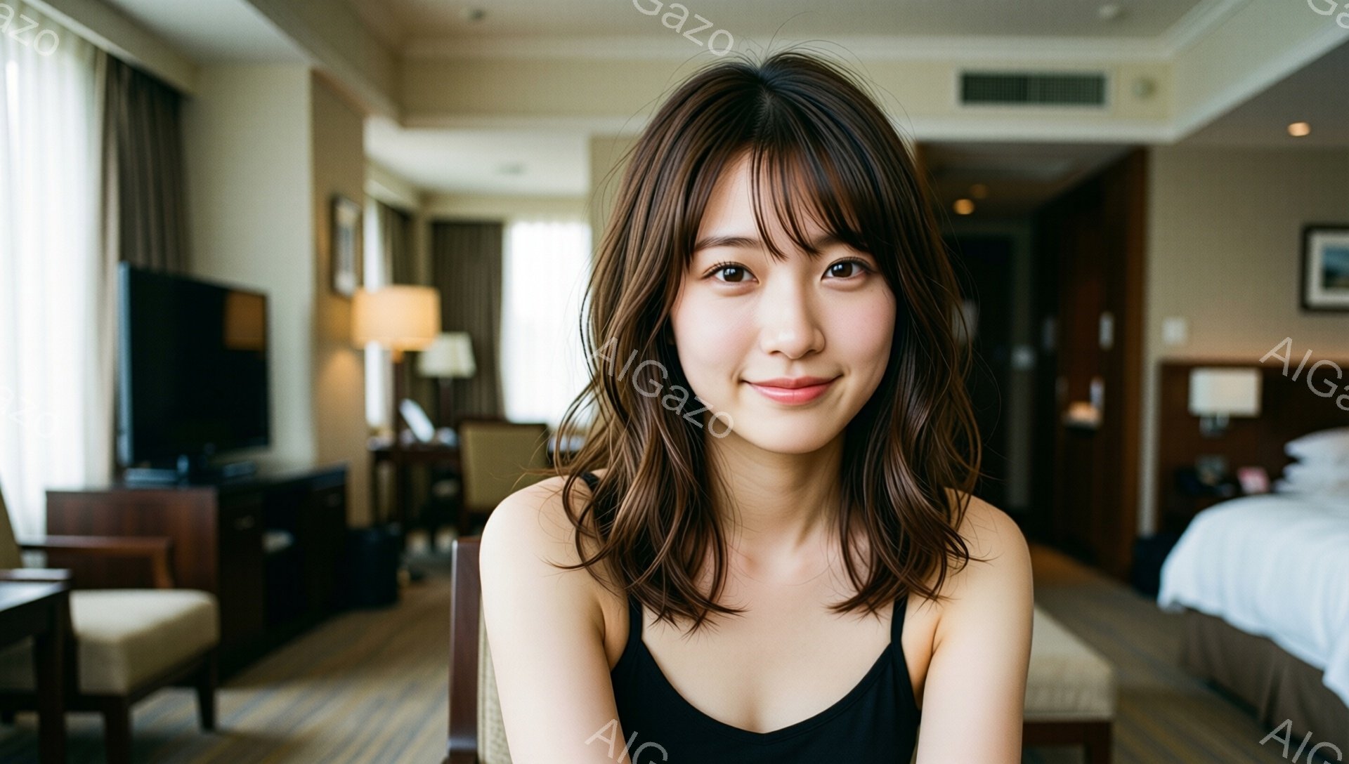 画像には、黒いキャミソールを着た若い女性が写っています。彼女は微笑んでおり、茶色の髪は肩にかかる長さで、軽くウェーブがかかっています。背景はホテルの部屋のようで、ベッド、椅子、テレビが見え、全体的に明るく清潔な雰囲気です。