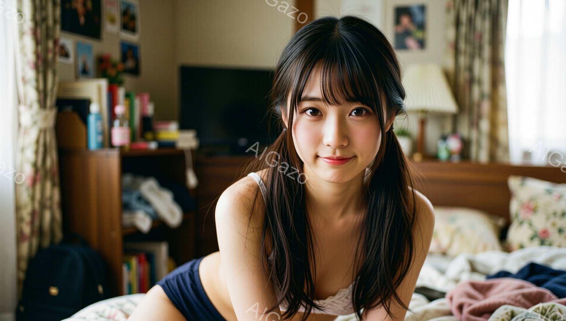 黒髪で長い髪を肩から下で左右に分けている女性が、ベッドにうつ伏せになってこちらを見ている。白いレースのブラトップと紺色のショートパンツを着用しており、リラックスした笑顔を浮かべている。背景には木製の棚とテレビが見え、部屋全体が柔らかい光に包まれ、穏やかな雰囲気を醸し出している。