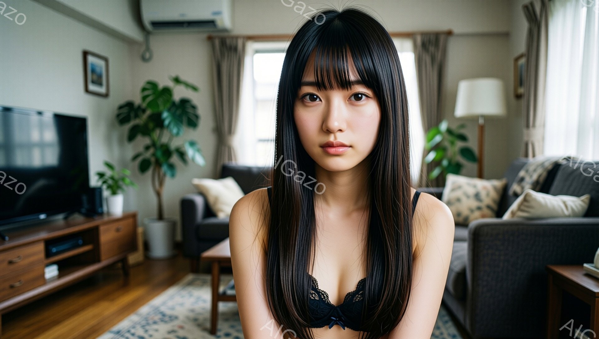 長い黒髪の女性が、黒いレースのブラレットのみを着用して正面を見つめている。彼女はやや憂いを帯びた表情で、リラックスした姿勢で座っている。背景はリビングルームで、ソファー、テレビ台、観葉植物があり、全体 - AI生成フリー素材