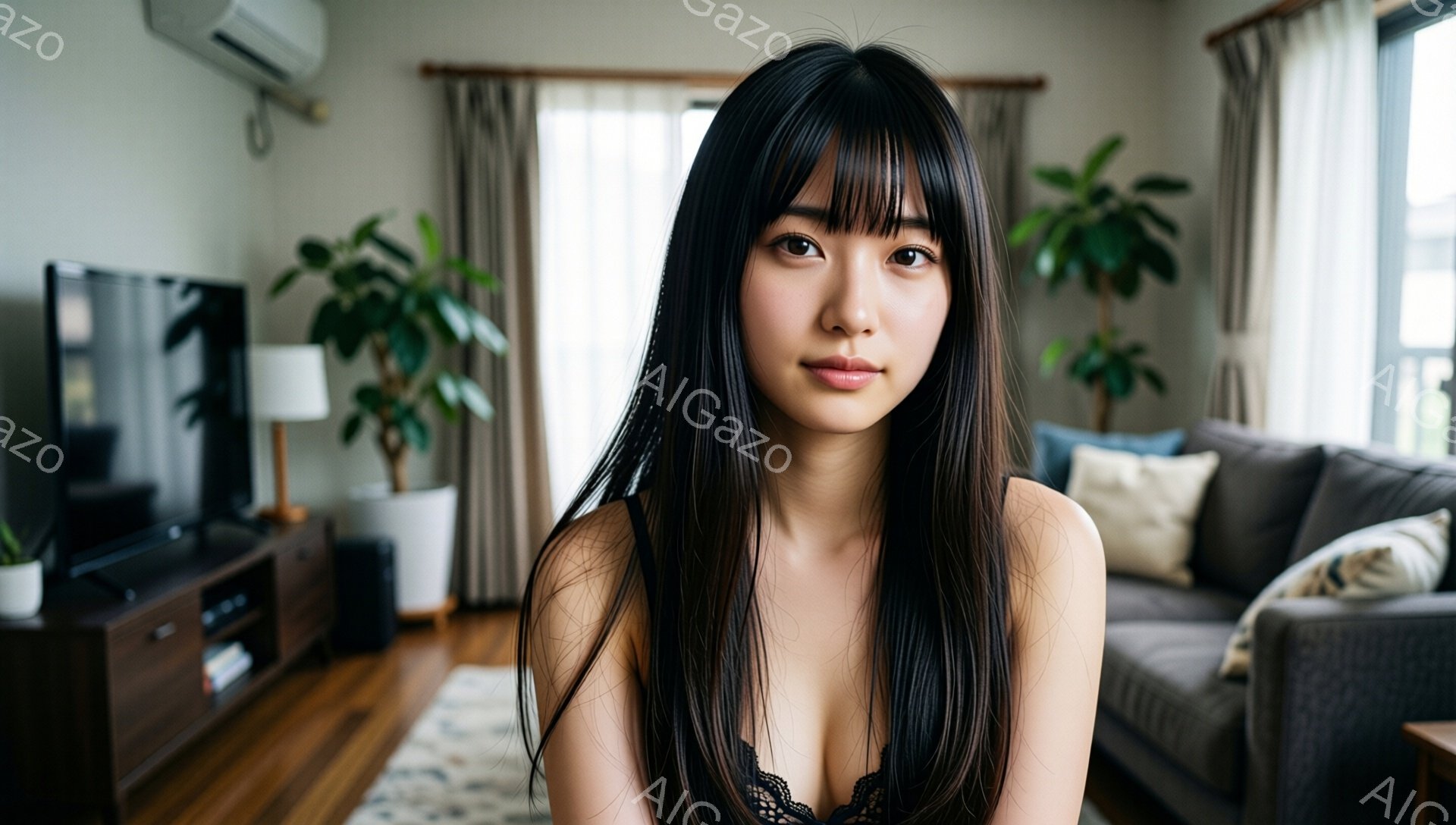 長い黒髪で前髪ぱっつんの女性が写っています。黒いレースのブラレットを着ており、少し微笑んだ表情をしています。背景には、テレビやソファ、観葉植物のあるリビングルームが広がっており、窓からは外の建物が見えます。