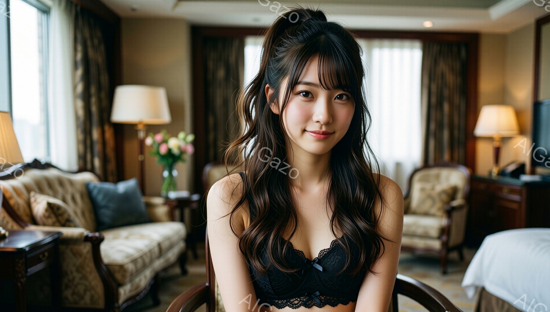 長いダークブラウンの髪をハーフアップにし、黒のレースのブラレットを着た若い女性が写っている。彼女は椅子に座り、わずかに微笑んでカメラを見つめている。背景には、ソファー、椅子、花、そして窓から差し込む光 - AI生成フリー素材