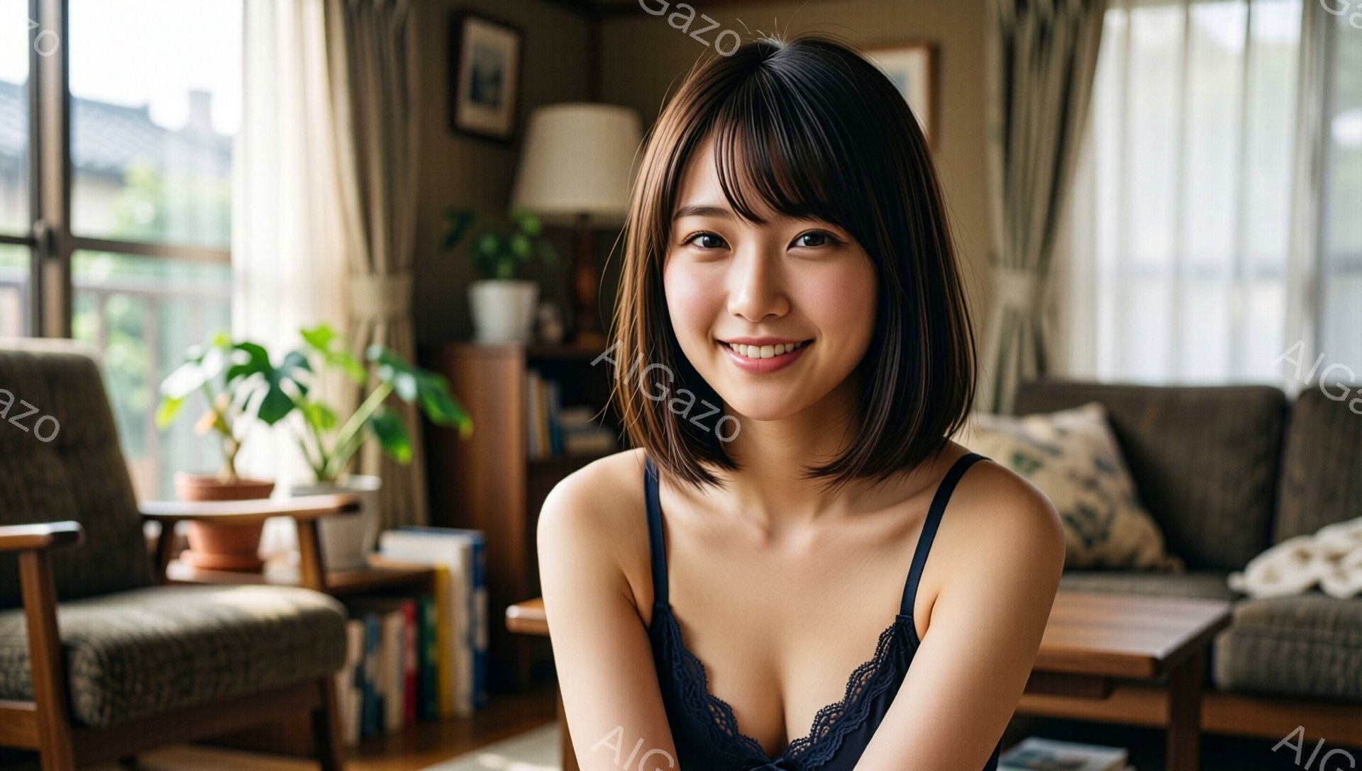 ショートヘアの女性が微笑んでいます。彼女はレースのキャミソールを着ており、背景には本棚とソファ、そして窓から差し込む光が見えます。室内は暖かく、リラックスした雰囲気が漂っています。