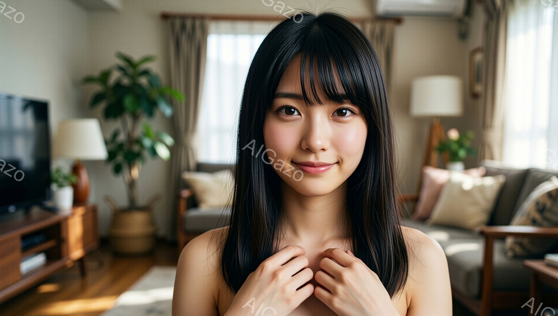 黒髪の女性が、頬を両手で包み、微笑んでいます。室内は明るい木製の家具と淡い色のソファがあり、穏やかな雰囲気です。背景には観葉植物と窓から差し込む自然光が見え、リラックスした空間を演出しています。 - AI生成フリー素材