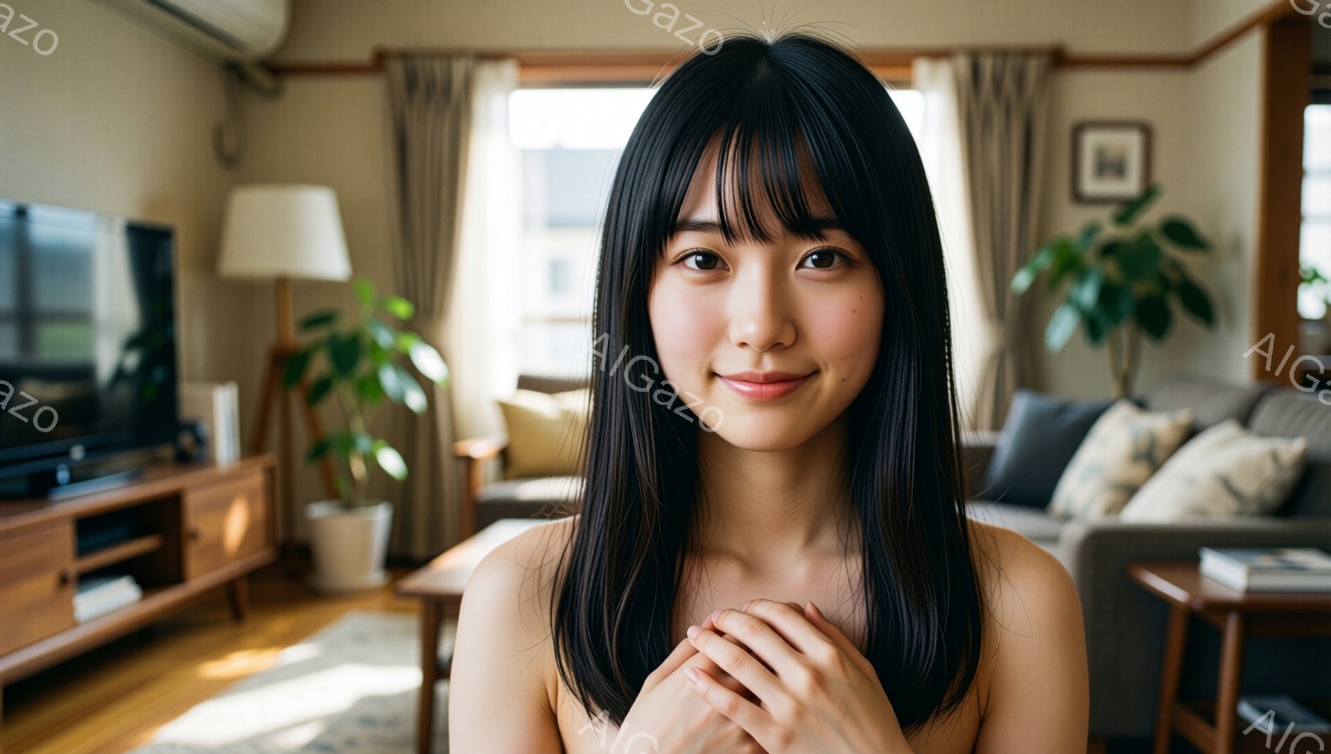 長い黒髪の女性が、両手を胸の前で重ねて微笑んでいます。明るいリビングルームで、木製のテレビ台やソファ、観葉植物が配置され、日差しが差し込んで暖かな雰囲気です。背景には窓があり、穏やかな日常の様子が伺え - AI生成フリー素材