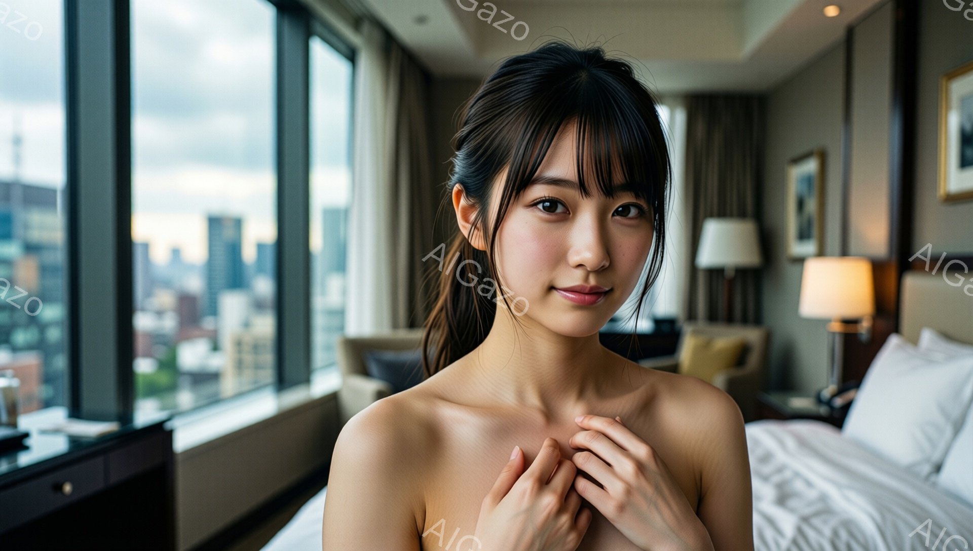 長い黒髪をハーフアップにし、前髪を流した女性が写っている。彼女は肩を抱き、微笑みを浮かべている。背景は高層ビルが立ち並ぶ都会の風景が見えるホテルの部屋で、窓からの光が差し込み、穏やかな雰囲気を醸し出している。