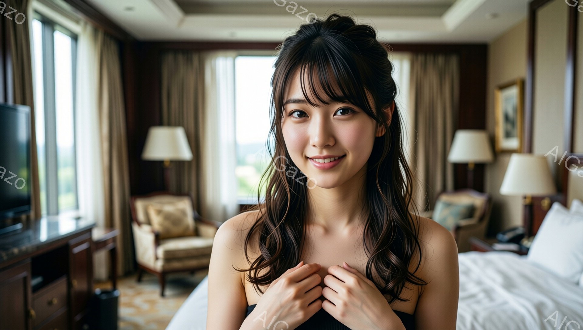 長い黒髪を肩にかけた女性が、明るい笑顔でこちらを見つめています。ベージュとゴールドを基調としたホテルの一室で、白いベッドと椅子、そして窓の外には緑豊かな風景が見えます。彼女は胸の前で両手を重ね、優雅で - AI生成フリー素材