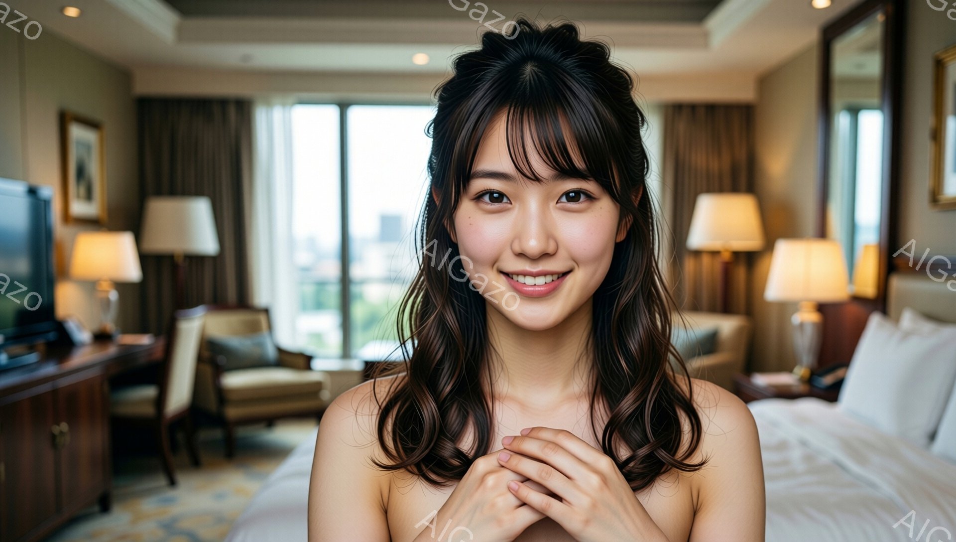 明るい室内で、茶色の髪を軽くウェーブさせた女性が微笑んでいます。彼女は肩出しの服装で、両手を重ねて嬉しそうにしています。背景にはベッドと家具が見え、大きな窓からは緑豊かな都市の景色が広がっており、晴れた日の快適な雰囲気が漂っています。