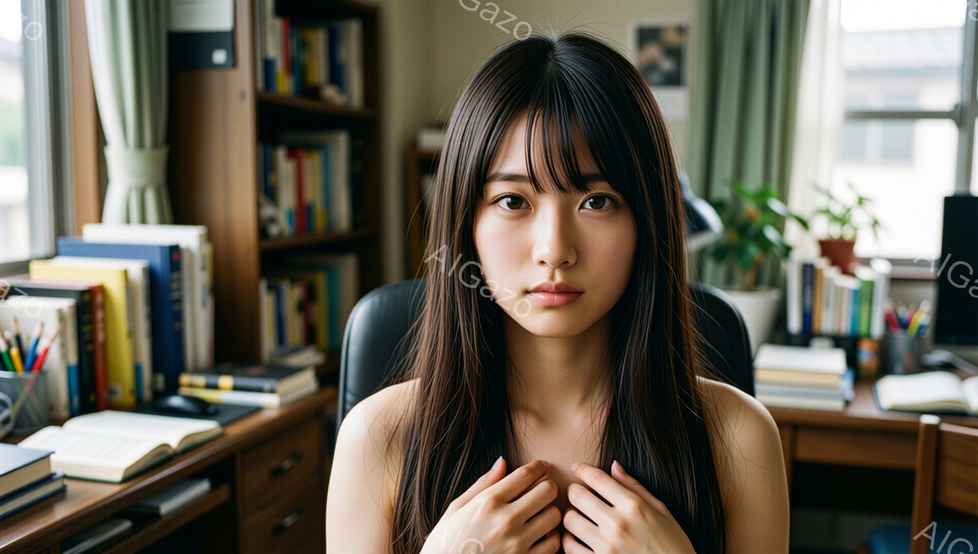 長い黒髪をセンターパートにした若い女性が、腕を胸の前で組んでこちらを見つめている。彼女はシンプルな黒いトップスを着ており、背景には本棚やデスクが置かれた室内が広がっている。全体的に落ち着いた雰囲気で、知的な印象を与える写真である。