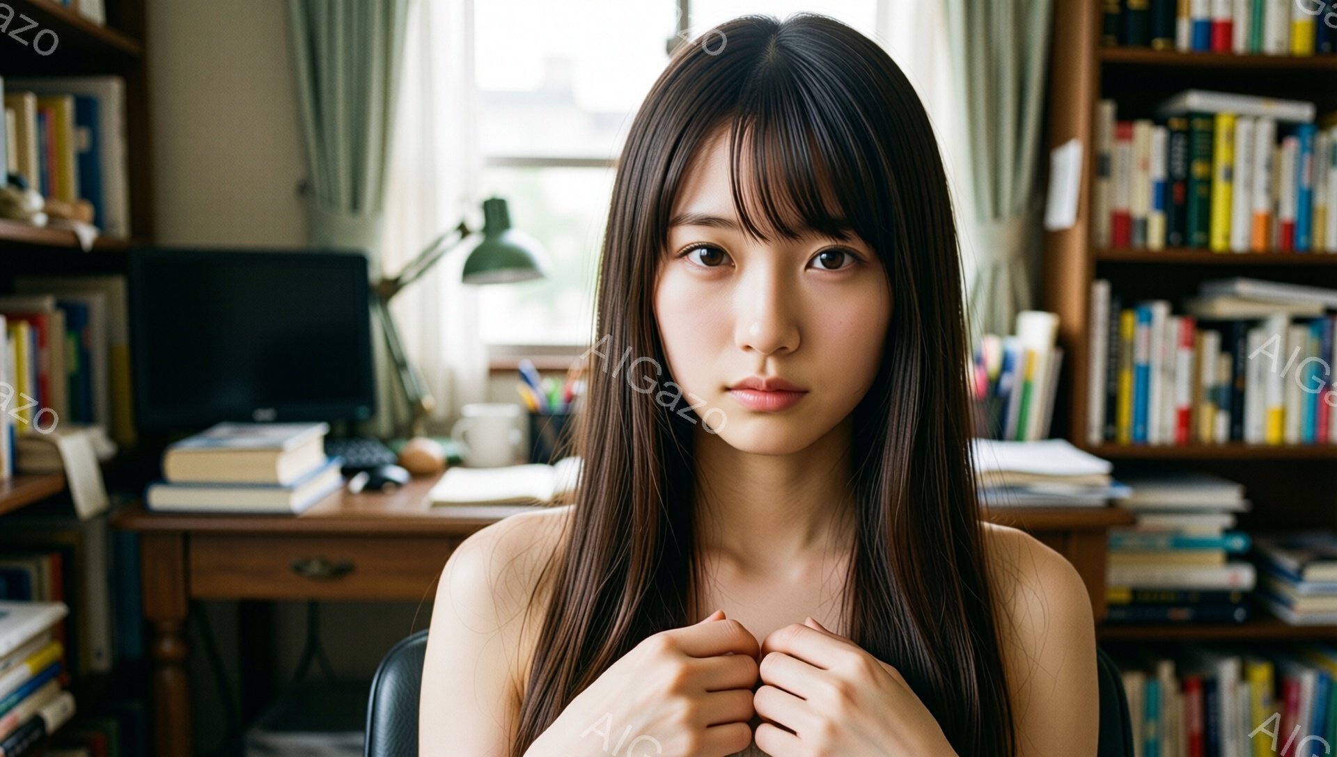 長い黒髪をなびかせ、控えめな表情をした若い女性が写っている。彼女は薄い色のシャツを着ておらず、両手を胸の前で組んでいる。背景には、本棚と机があり、勉強部屋のような雰囲気である。