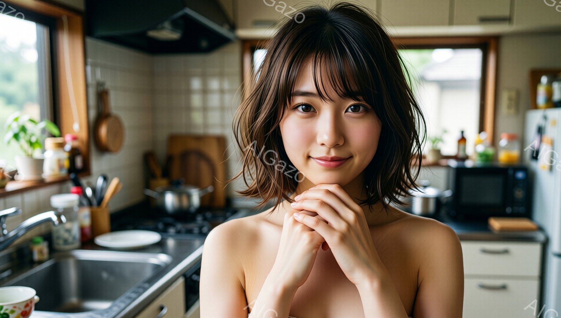 明るいキッチンを背景に、肩出しの女性が微笑んでいます。彼女は肩までの長さの茶髪で、前髪が少し目にかかっています。両手を頬にあてて、穏やかでリラックスした表情をしています。