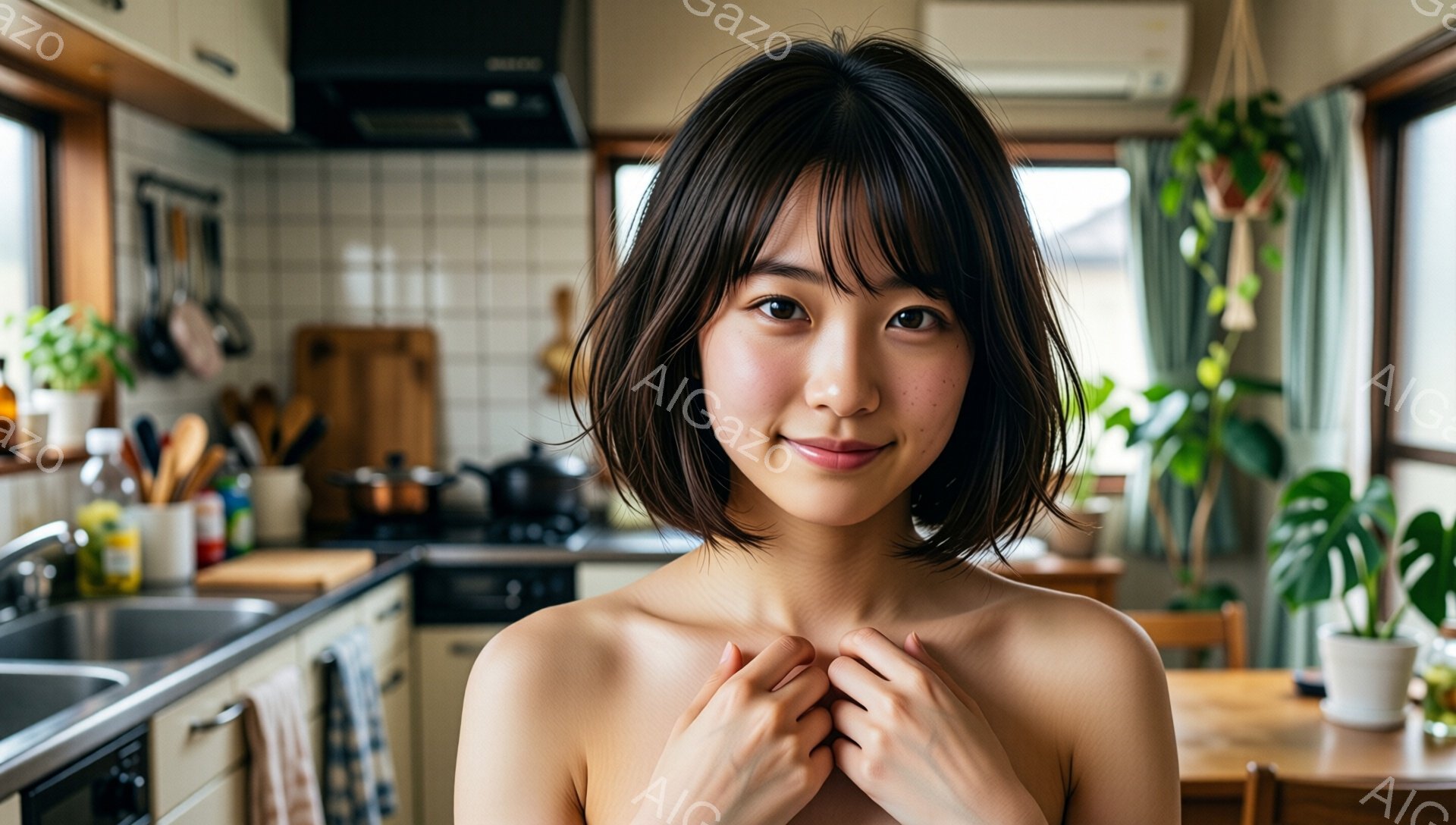明るいキッチンで、肩出しの女性が微笑んでいます。彼女は黒髪のショートボブで、少し頬を赤らめています。背景には調理器具や植物が配置され、家庭的で温かい雰囲気です。 - AI生成フリー素材