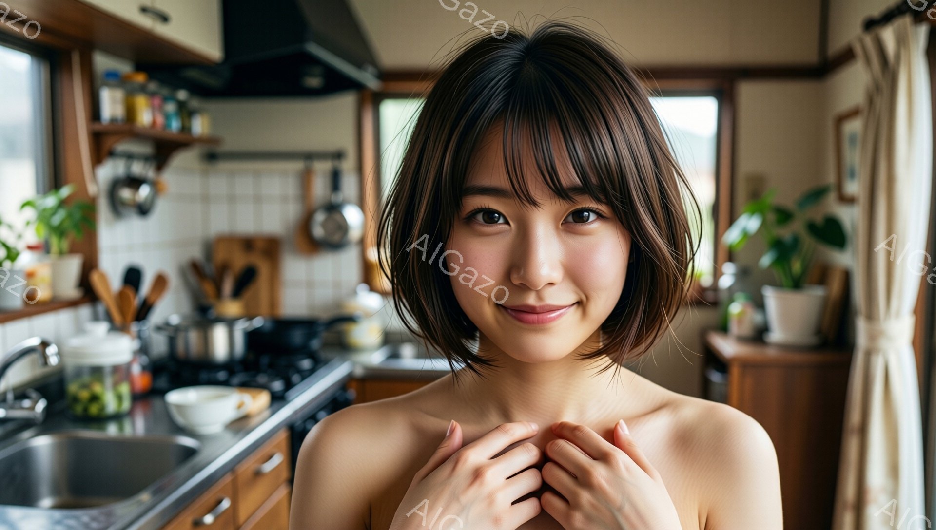 ショートヘアの女性が、キッチンで両手を胸の前で組んで微笑んでいます。彼女は肩出しの状態で、明るい表情でカメラを見つめています。背景は木製のキャビネットや調理器具が並ぶキッチンで、窓からは自然光が差し込み、温かく穏やかな雰囲気が漂っています。