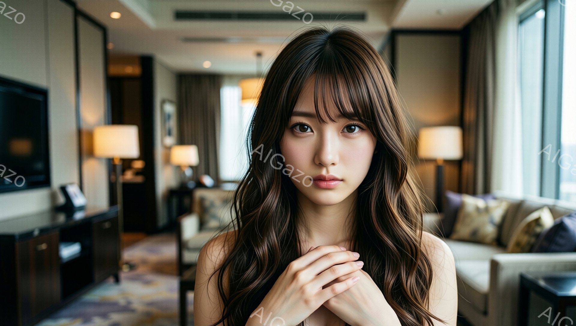 長い茶色のウェーブヘアの女性が、胸の前で両手を組んで微笑んでいます。彼女は肩出しのトップスを着ており、背景は豪華なリビングルームで、大きな窓から外の景色が見えます。全体的に、暖かく、穏やかな雰囲気のポートレート写真です。