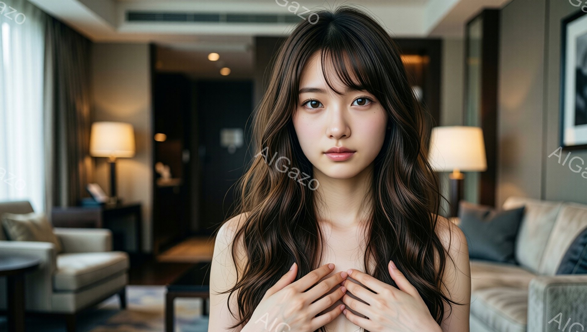 長い茶色の髪を無造作に垂らし、明るい肌に潤んだ赤い唇が印象的な若い女性が写っています。彼女は両手を胸の前で組み、まっすぐカメラを見つめており、少し憂いを帯びた表情を浮かべています。背景は、上品な内装の明るいリビングルームで、ソファーやテーブルなどの家具が見えます。