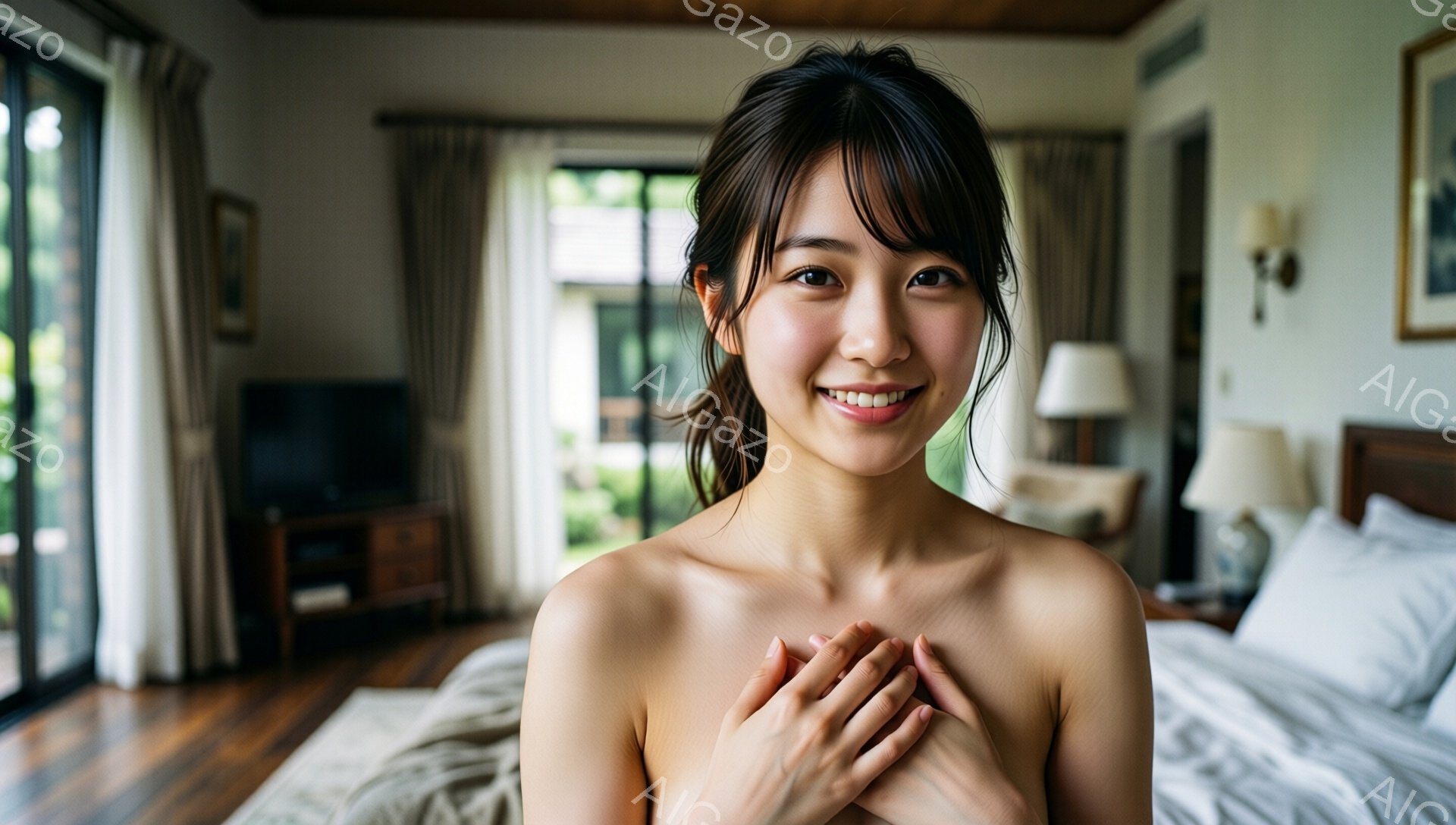 画像には、微笑みを浮かべた若い女性が写っています。彼女は肩を出し、両手を胸の前で重ねています。背景にはベッドと窓から見える緑豊かな景色があり、暖かく穏やかな雰囲気が漂っています。