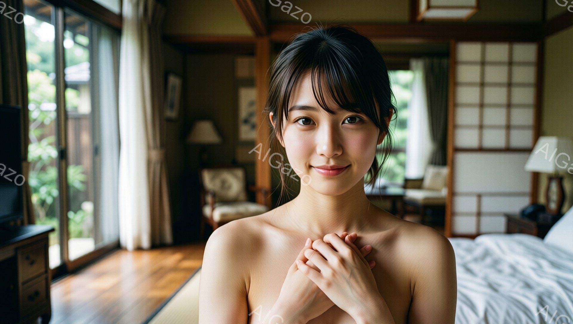 明るい室内で、若い女性が微笑んでいます。彼女は肩出しの状態で、髪は肩のあたりでカットされ、前髪が顔にかかっています。背景には畳敷きの部屋、障子、庭が見え、日本の伝統的な旅館のような雰囲気です。