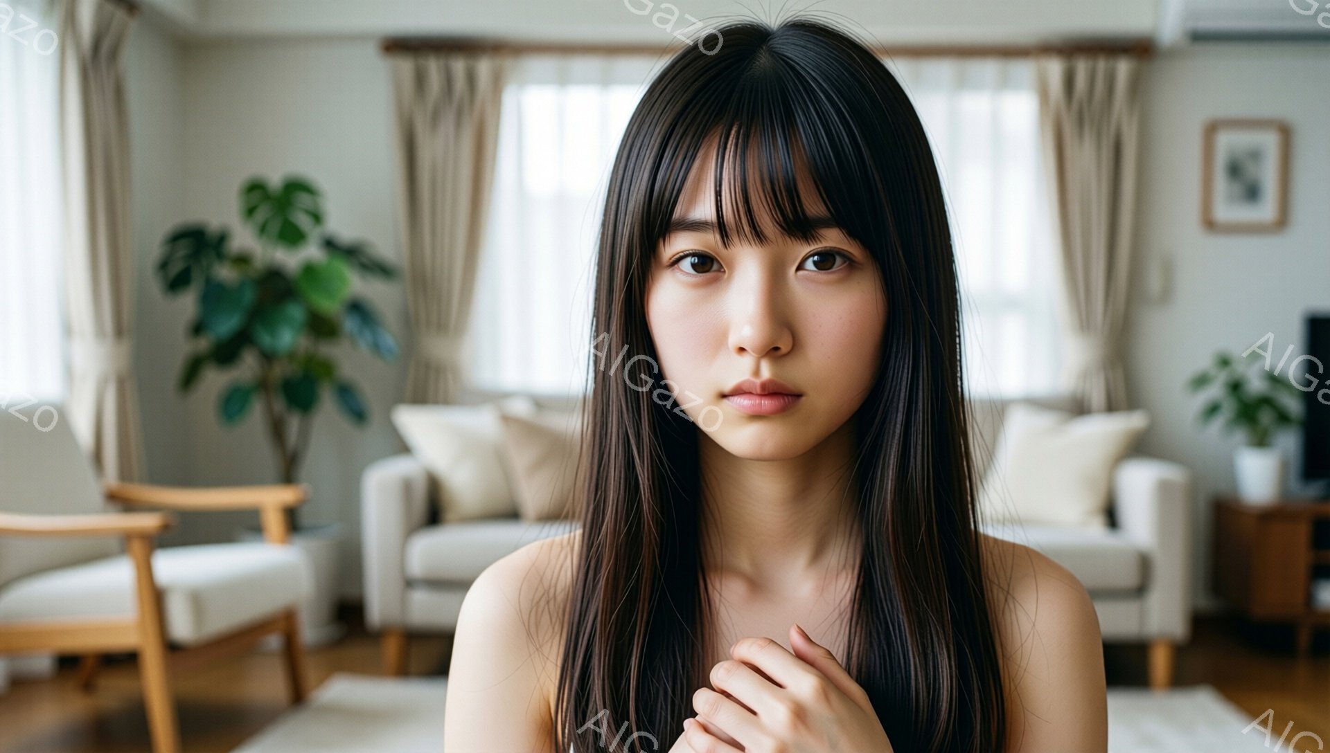 長い黒髪の女性が、クリーム色のソファが置かれた明るいリビングルームでこちらを見つめています。彼女は肩出しのトップスを着ており、両手を胸の前で軽く重ねています。背景には植物と窓があり、部屋全体が穏やかで - AI生成フリー素材