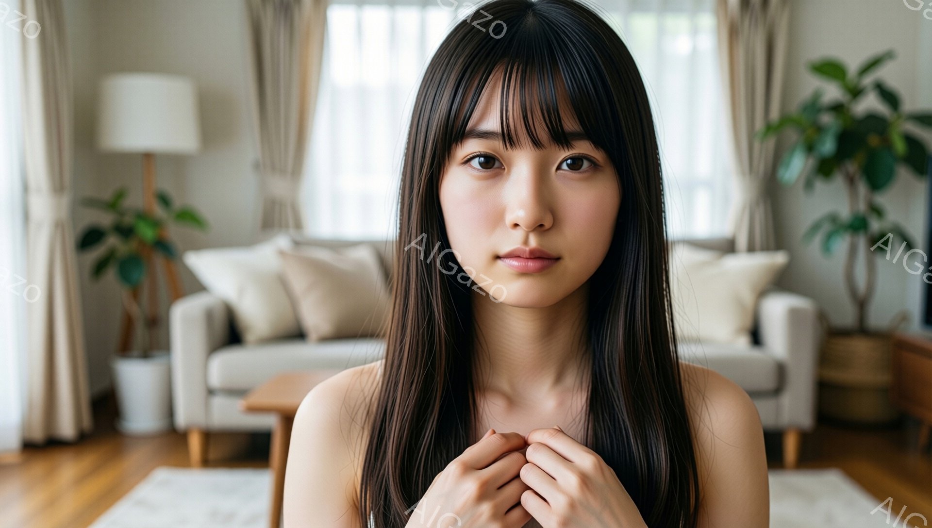 黒髪で前髪を長く伸ばした若い女性が、両手を重ねて控えめに微笑んでいます。背景には、クリーム色のソファと観葉植物が置かれた明るいリビングルームが見え、穏やかでリラックスした雰囲気が漂っています。彼女は上 - AI生成フリー素材