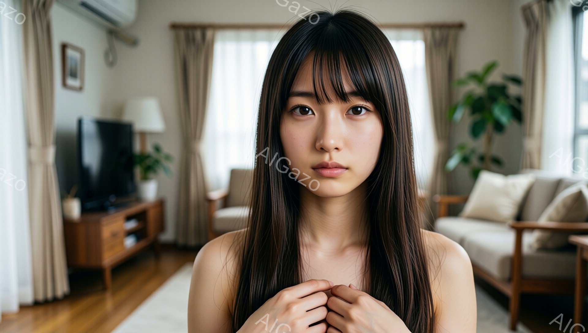 長い黒髪の女性が、ややうつむき加減でこちらを見つめています。彼女は肩出しのシンプルな服装で、両手を胸の前で重ねています。背景には木製の家具やソファが見え、明るい自然光が差し込むリビングルームのようです - AI生成フリー素材