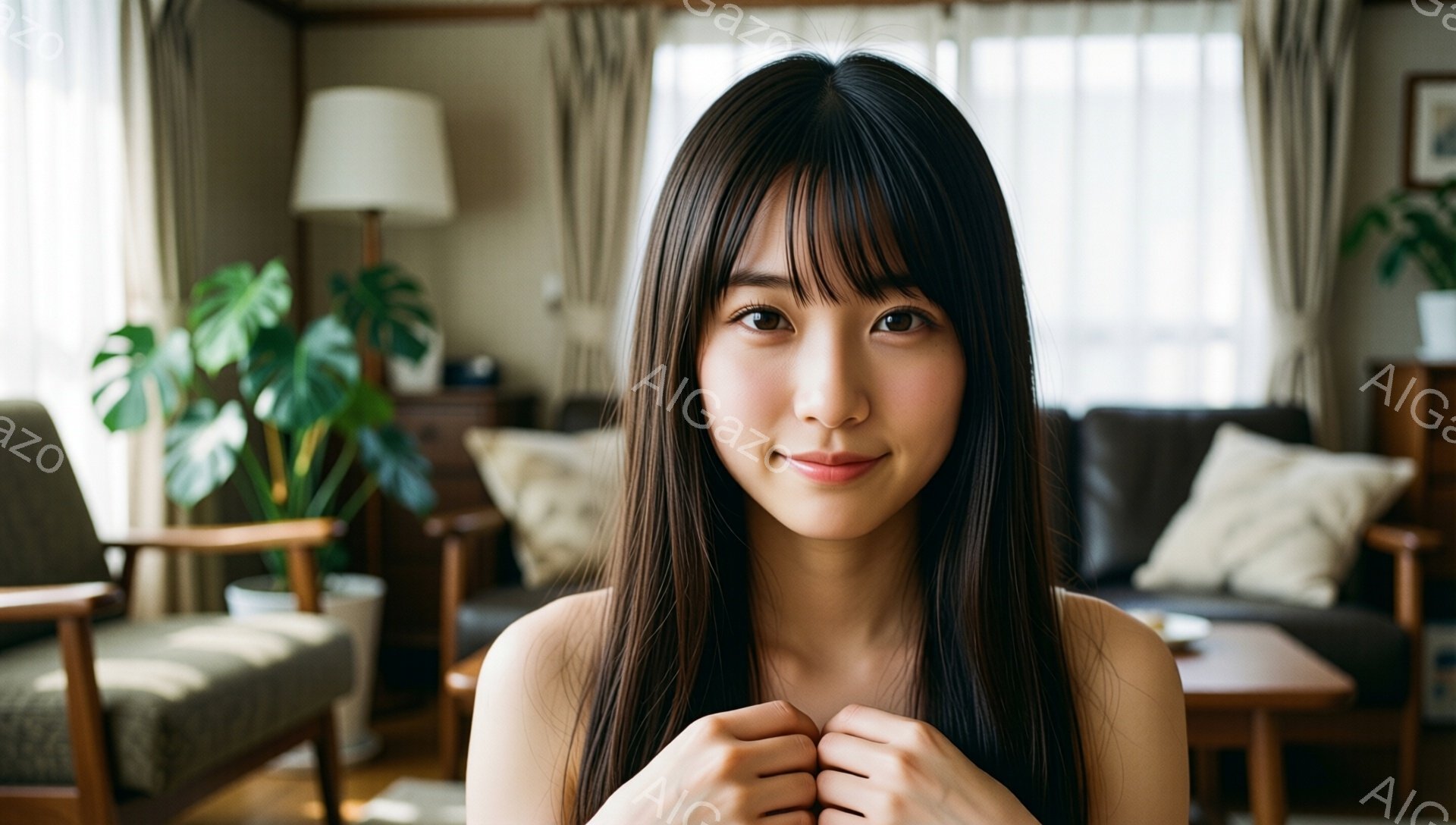 長い黒髪で前髪が眉毛にかかる女性が写っている。彼女はベージュ色のソファに座り、腕を組み、穏やかな微笑みを浮かべている。背景には、植物、クッション、木製の家具が見え、温かみのあるリビングルームの雰囲気である。