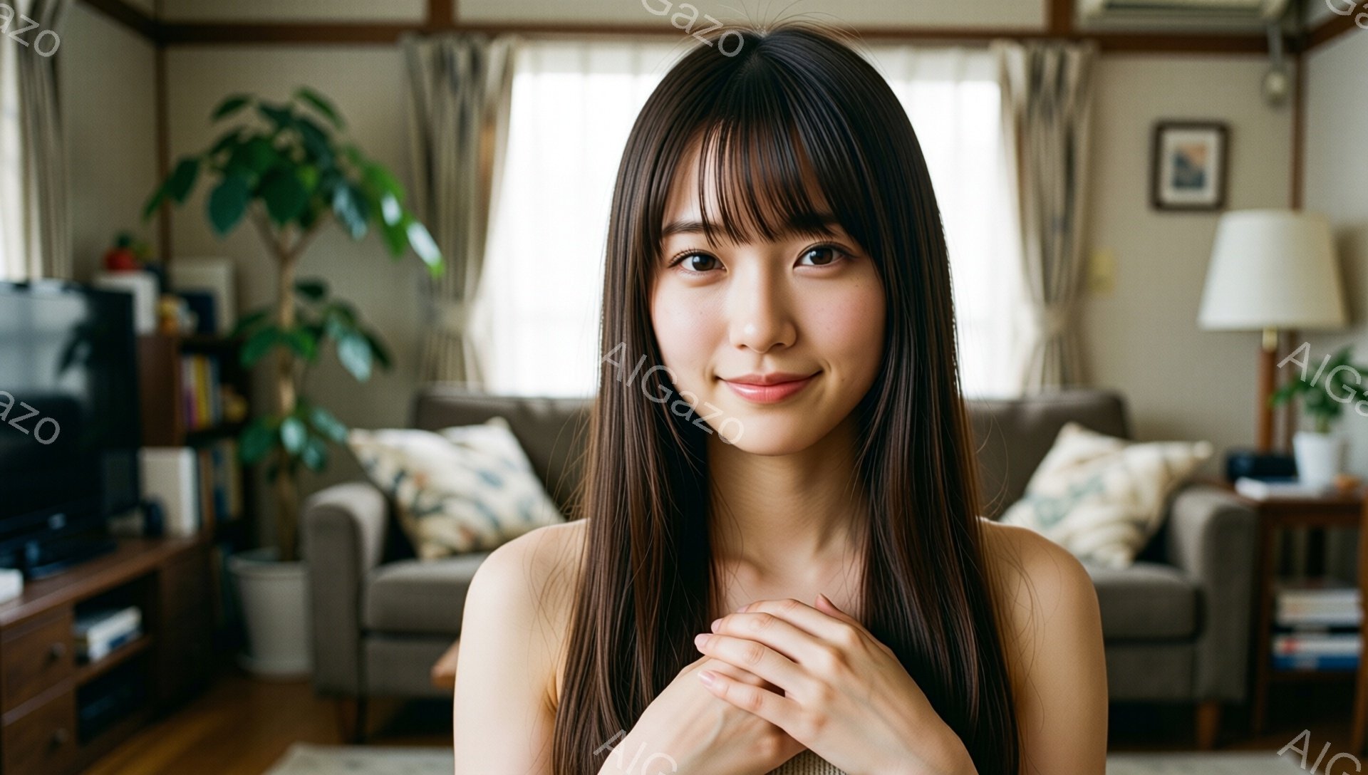 長いストレートヘアで、前髪が目の上にかかる女性が写っています。彼女は微笑んでおり、胸の前で両手を組んでいます。背景には、ソファや植物がある居間が見え、暖かく穏やかな雰囲気が漂っています。