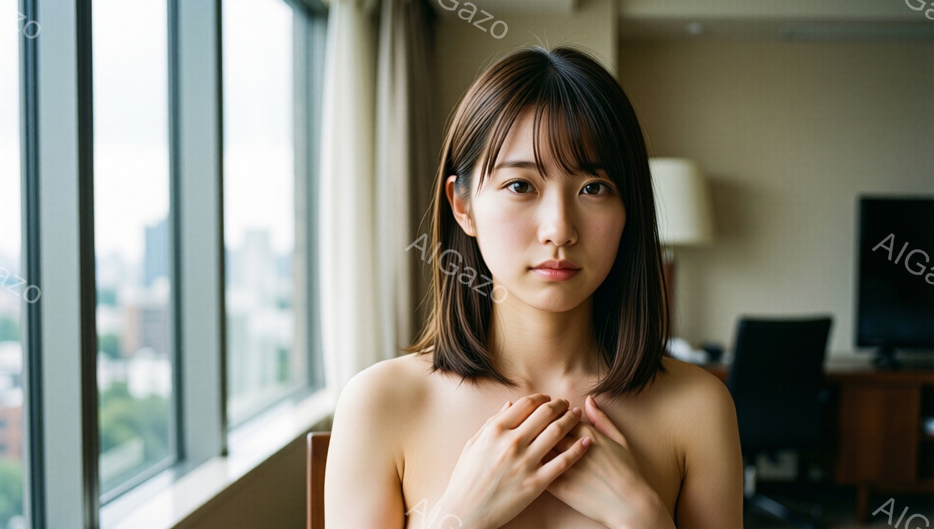 この女性は肩出しの状態で、両手を胸の前で重ねて穏やかな表情を浮かべている。彼女は肩までの長さのダークブラウンの髪で、前髪が少し目にかかっている。背景には大きな窓があり、都市の風景と薄曇りの空が見え、室内は落ち着いた雰囲気である。