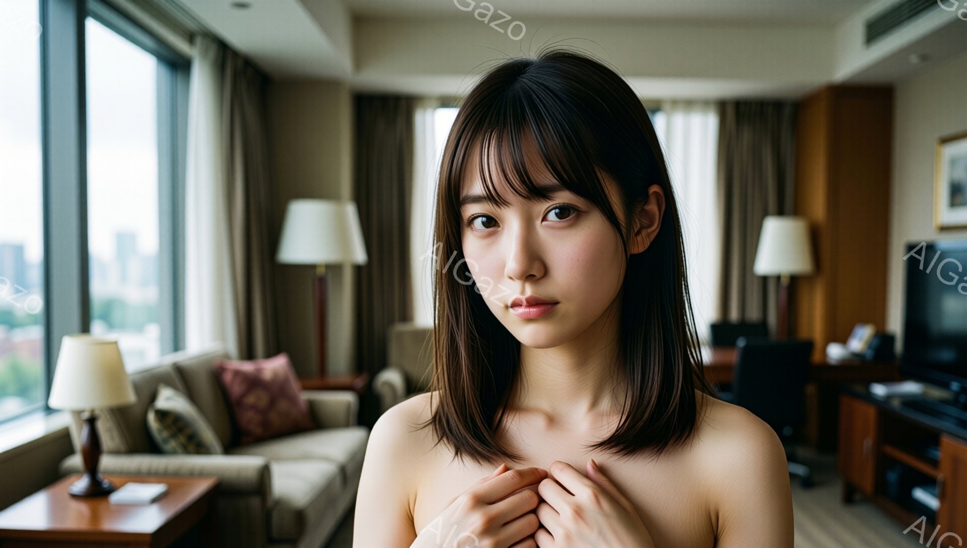 室内で若い女性が、肩出しで胸の前で両手を組んで立っています。彼女は黒いショートボブヘアで、少し憂いを帯びた表情をしています。背景には窓から見える都市の景色と、ベージュと茶色の落ち着いた色の家具が配置されたリビングルームが見えます。