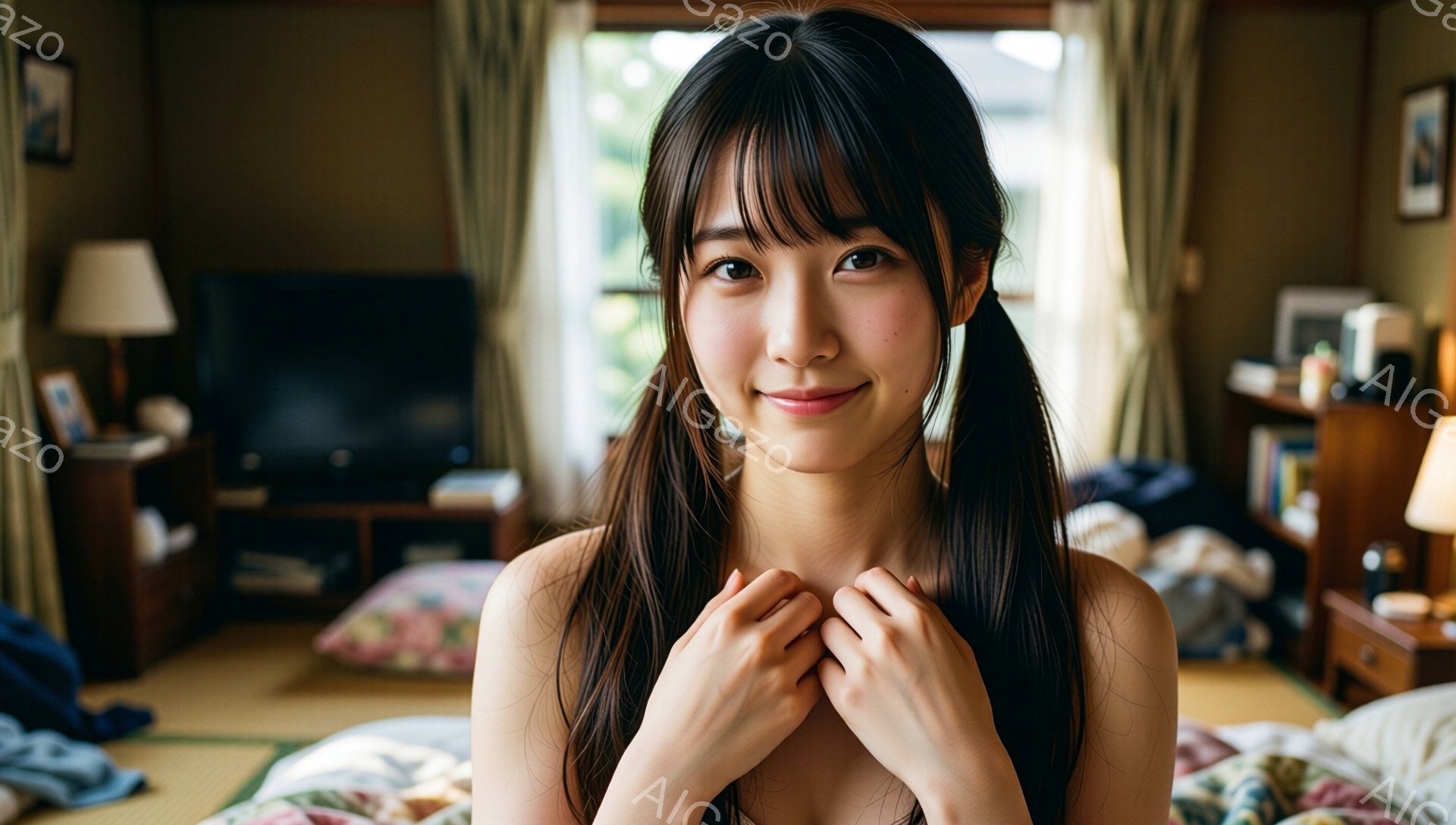 長い黒髪をポニーテールにした若い女性が、部屋の真ん中に立って微笑んでいます。彼女は上半身に何も着ておらず、両手で胸元を抱きしめるような仕草をしています。背景には畳の部屋、こたつ、テレビ、そして窓から見える緑が見え、温かく穏やかな雰囲気が漂っています。