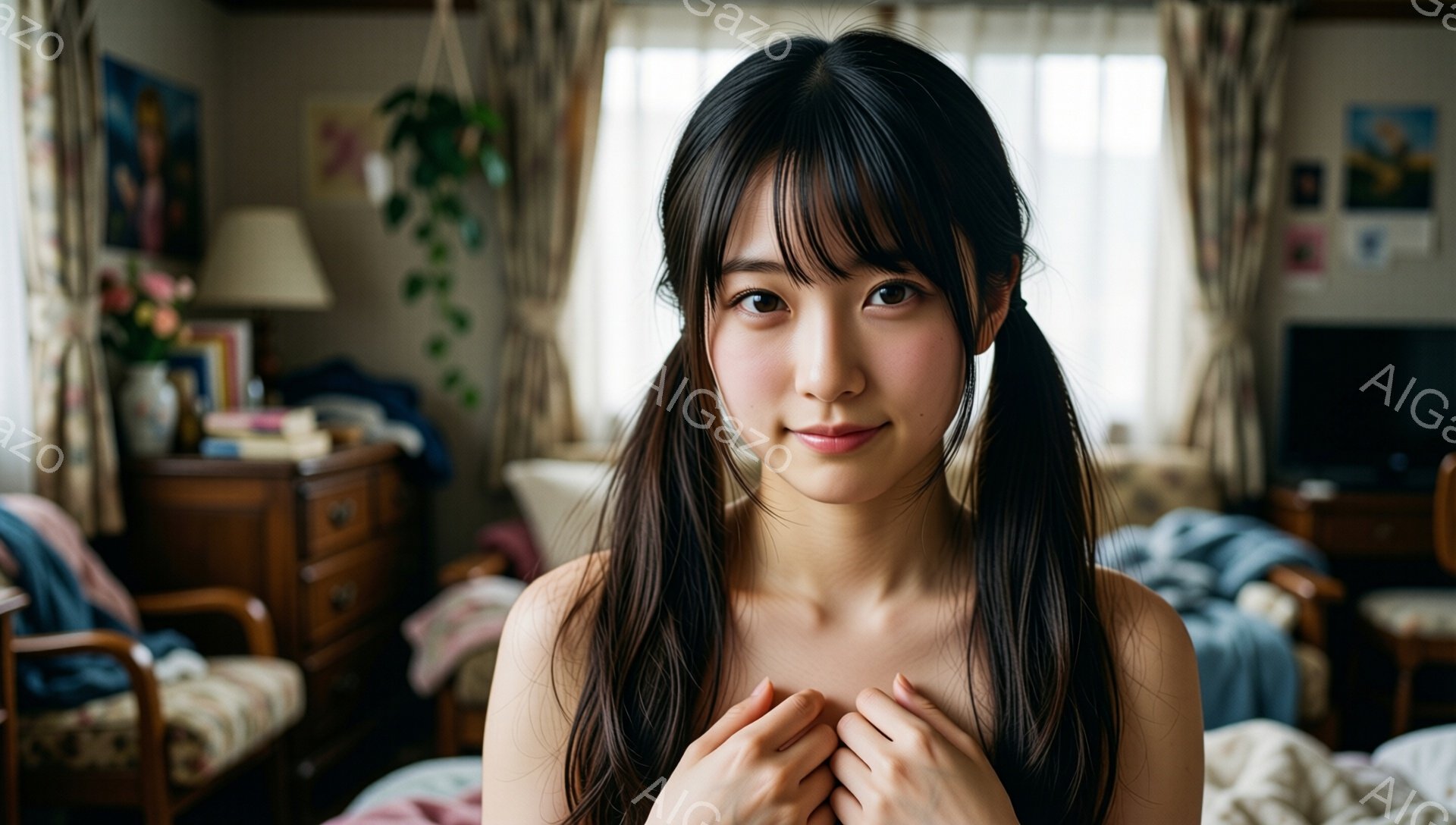 黒髪の女性が、肩まで伸びた髪を二つに分けて結んでいます。彼女はベッドに座り、両手を胸の前で組んで微笑んでいます。背景には家具や植物が見え、部屋全体が温かく、親しみやすい雰囲気です。