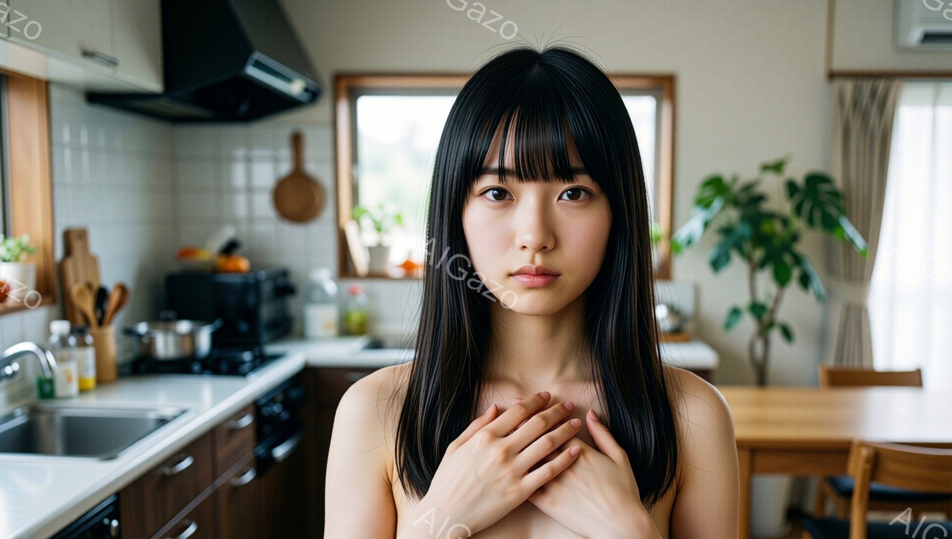 長い黒髪の女性がキッチンで胸の前で両手を組んで立っている。彼女は上半身裸で、穏やかな表情をしており、背景には木製のキッチンキャビネットと窓から見える緑の景色がぼやけて見える。 全体的に暖かく、落ち着い - AI生成フリー素材