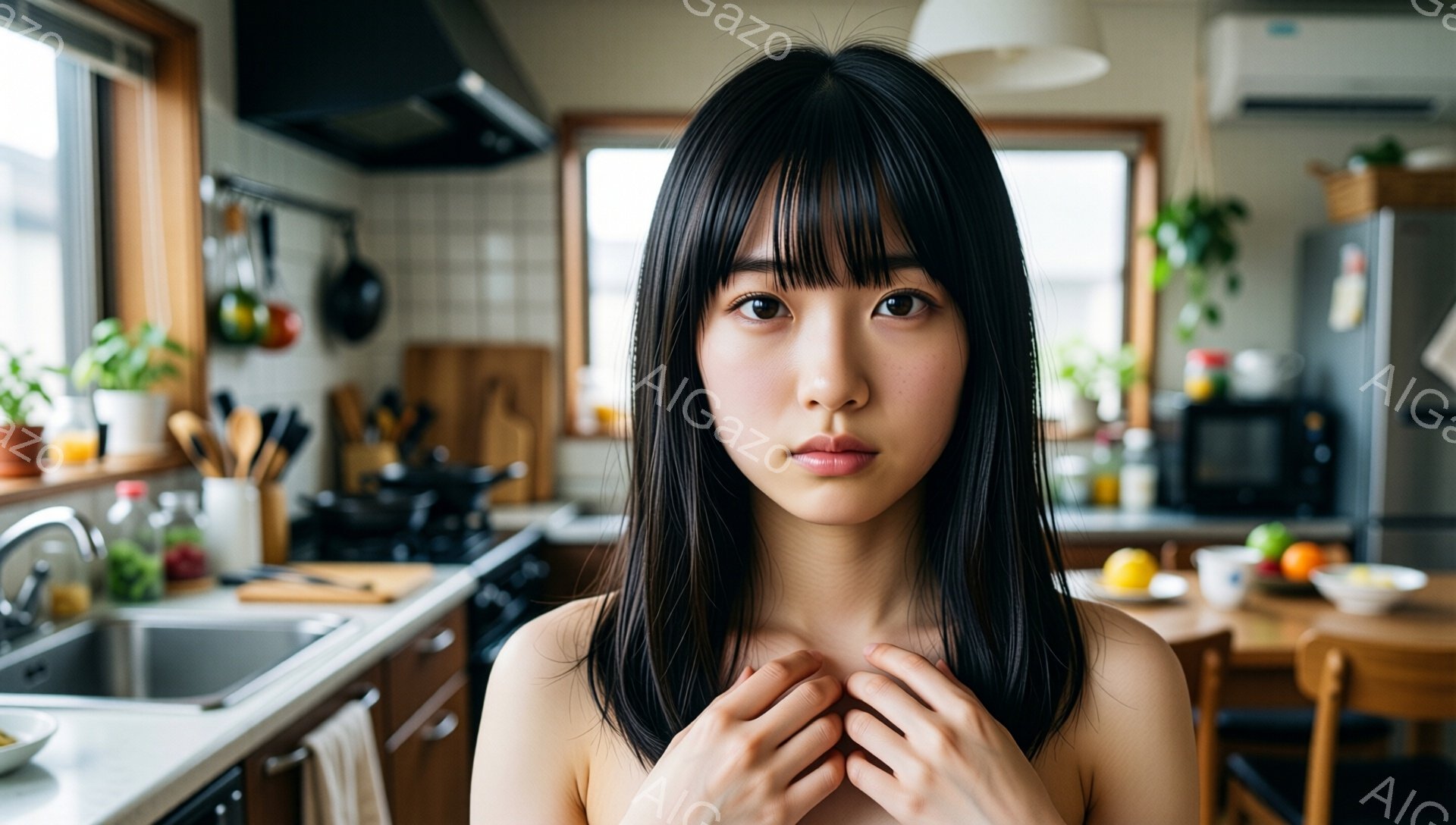 長い黒髪の女性がキッチンで正面を向いて立っており、肩は裸になっている。彼女は両手で顎を抱え、わずかに眉間にしわを寄せ、少し憂いを帯びた表情をしている。背景にはキッチン設備や食卓が見え、暖かく日常的な雰囲気が漂っている。