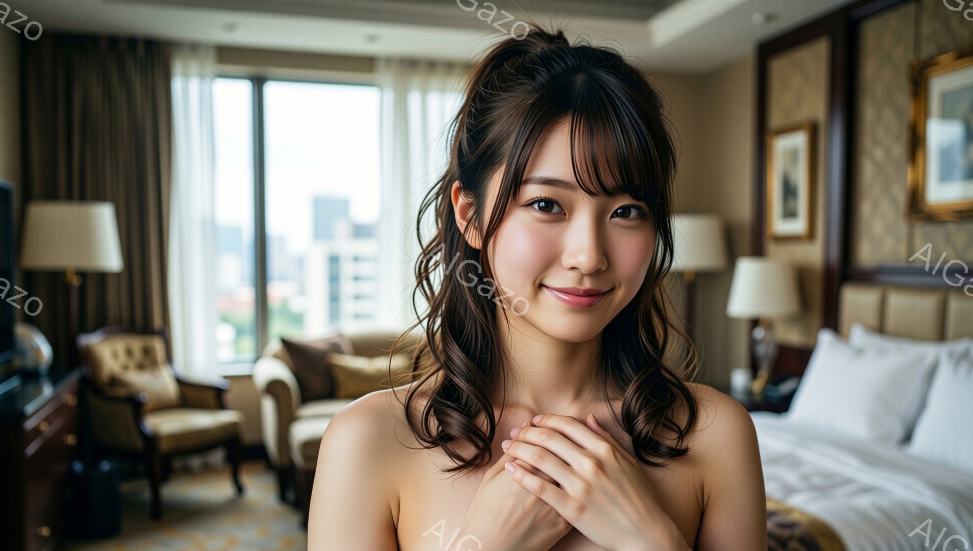 長いダークブラウンの髪を肩にかかるように巻いた女性が、白いトップスを着て微笑んでいます。彼女は両手を胸の前で重ね、リラックスした姿勢でカメラを見つめています。背景は豪華なホテルの部屋で、ソファー、ベッ - AI生成フリー素材