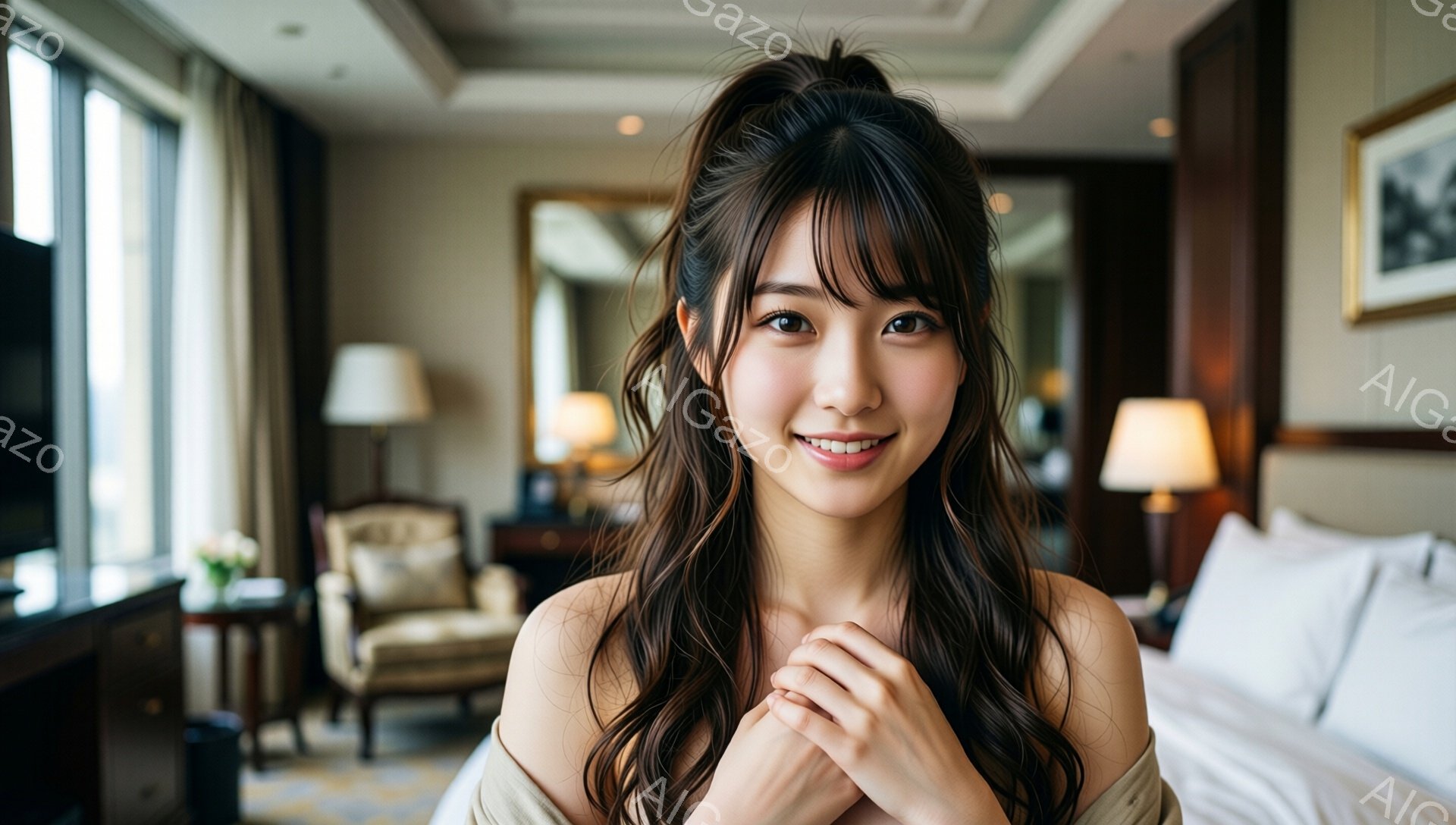 長い茶色の髪をハーフアップにした若い女性が、白いベッドの前で微笑んでいます。ベージュのオフショルダーのトップスを着ており、両手を組んで少し控えめな姿勢をとっています。背景には、クラシックな家具が配置された豪華なホテルの部屋が写っており、大きな窓からは都市の風景が見えます。